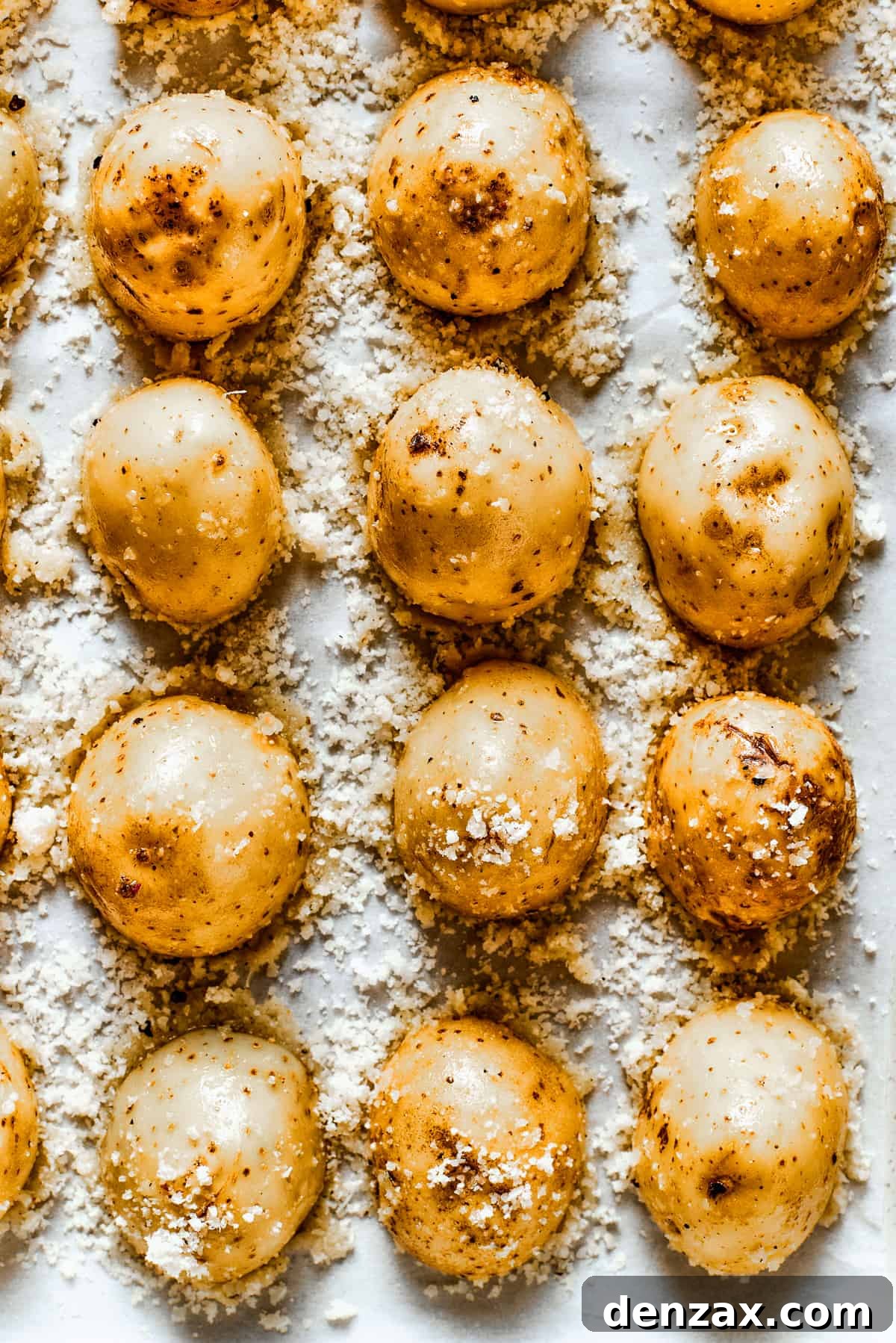 Close-up view of baked Parmesan-crusted potatoes cooling in a baking dish.