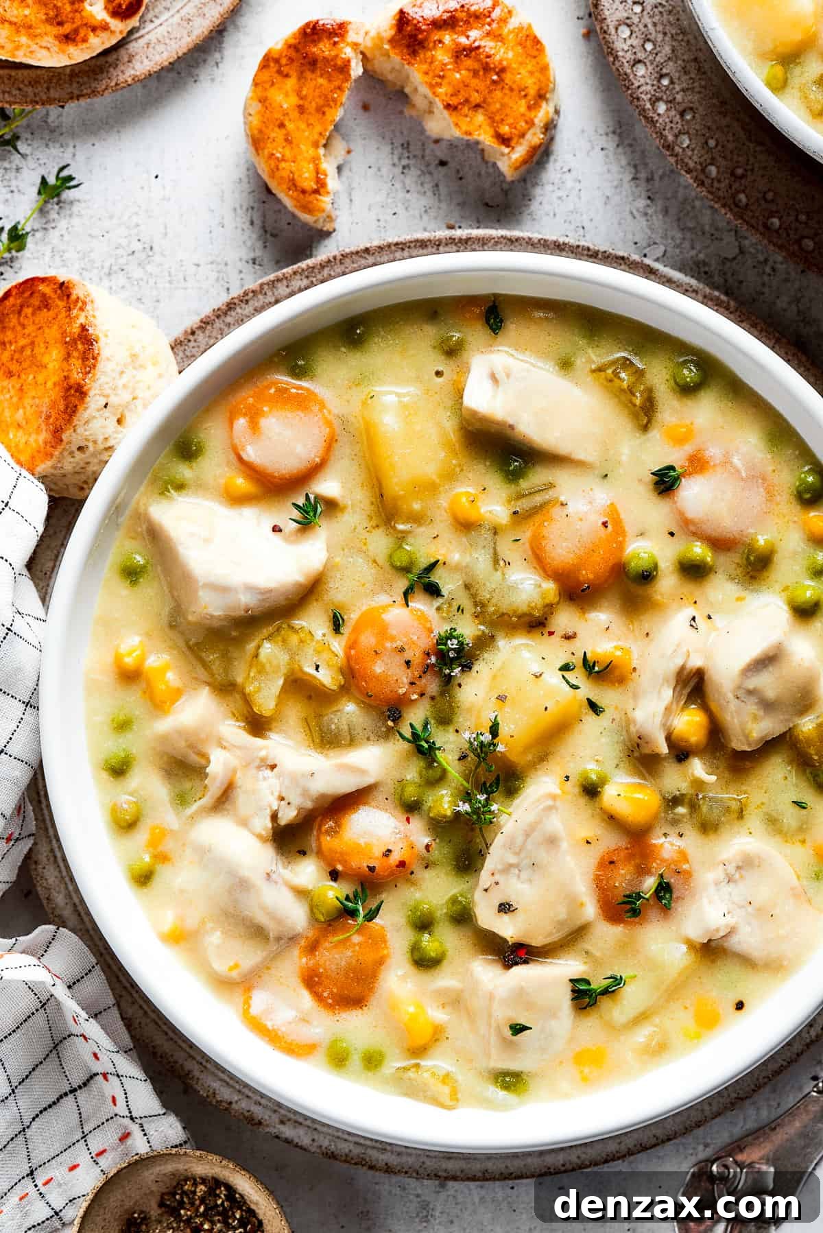 Overhead view of a bowl of chicken pot pie soup garnished with thyme, next to some biscuits