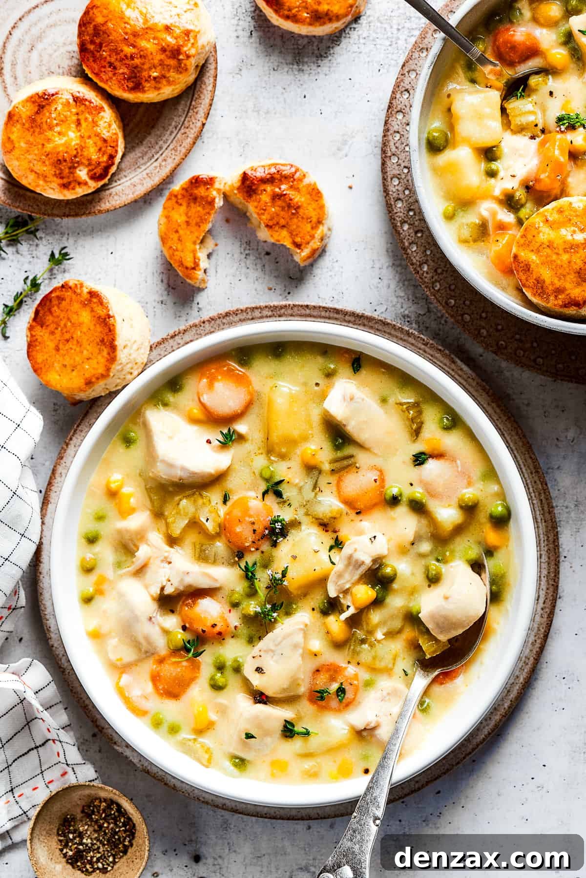 A bowl of chicken pot pie soup topped with a spoon in it, and a plate of biscuits in the background.