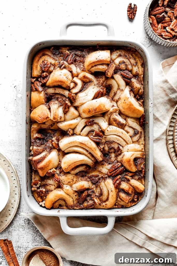 Overhead view of a cinnamon roll casserole fresh out of the oven
