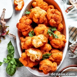 Overhead view of a serving bowl full of golden, crispy mac and cheese bites, garnished with fresh herbs, with more bites scattered around.
