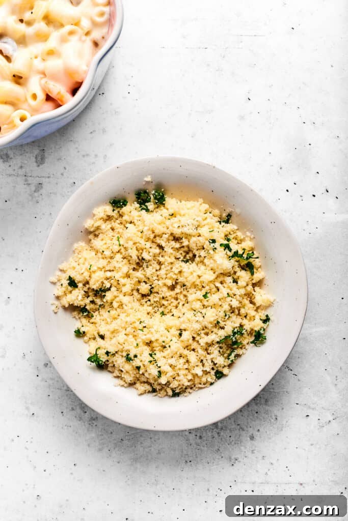 Parmesan breadcrumbs ready to go on top of the dish