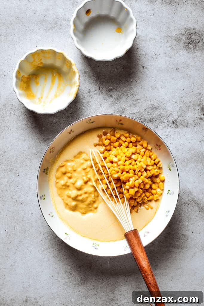 Whole kernel and creamed corn are added to a bowl containing the souffle base mixture with a whisk.