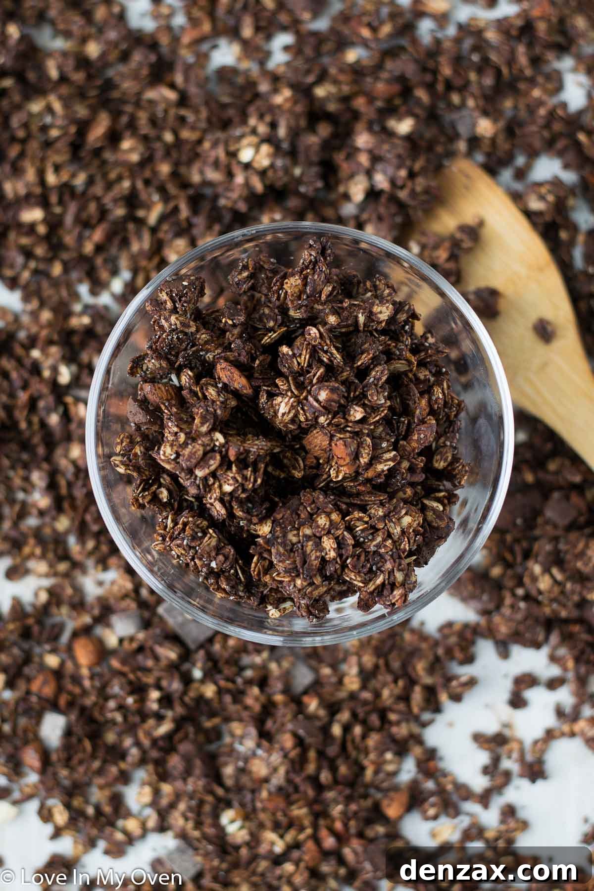 Delicious Double Chocolate Granola piled high in a bowl, ready to be enjoyed