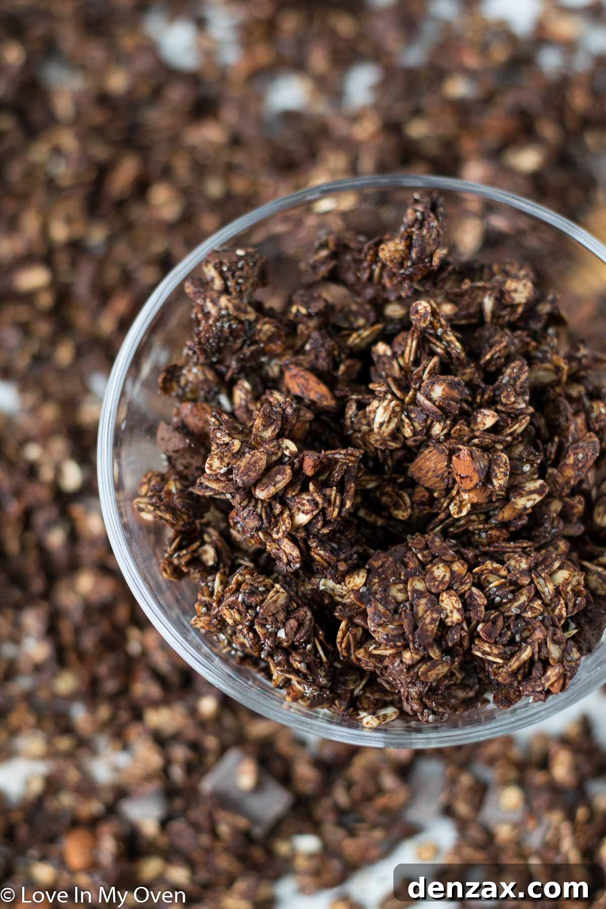 Close-up photo of crunchy double chocolate granola clusters, highlighting their texture and rich color