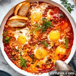 A cast iron skillet filled with bubbling Eggs in Purgatory, garnished with fresh parsley and served with golden-brown toasted bread slices on the side.