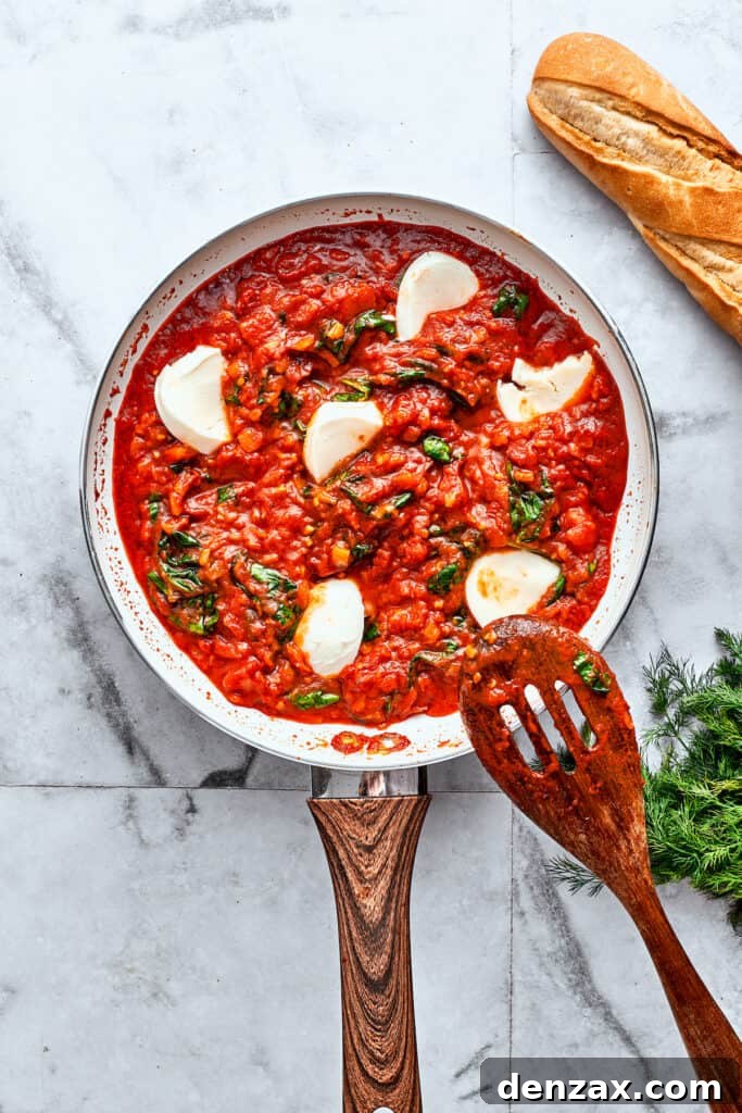 Irregular slices of creamy fresh mozzarella cheese are visible peeking through a robust, bubbling red tomato sauce in a skillet, ready for the eggs.