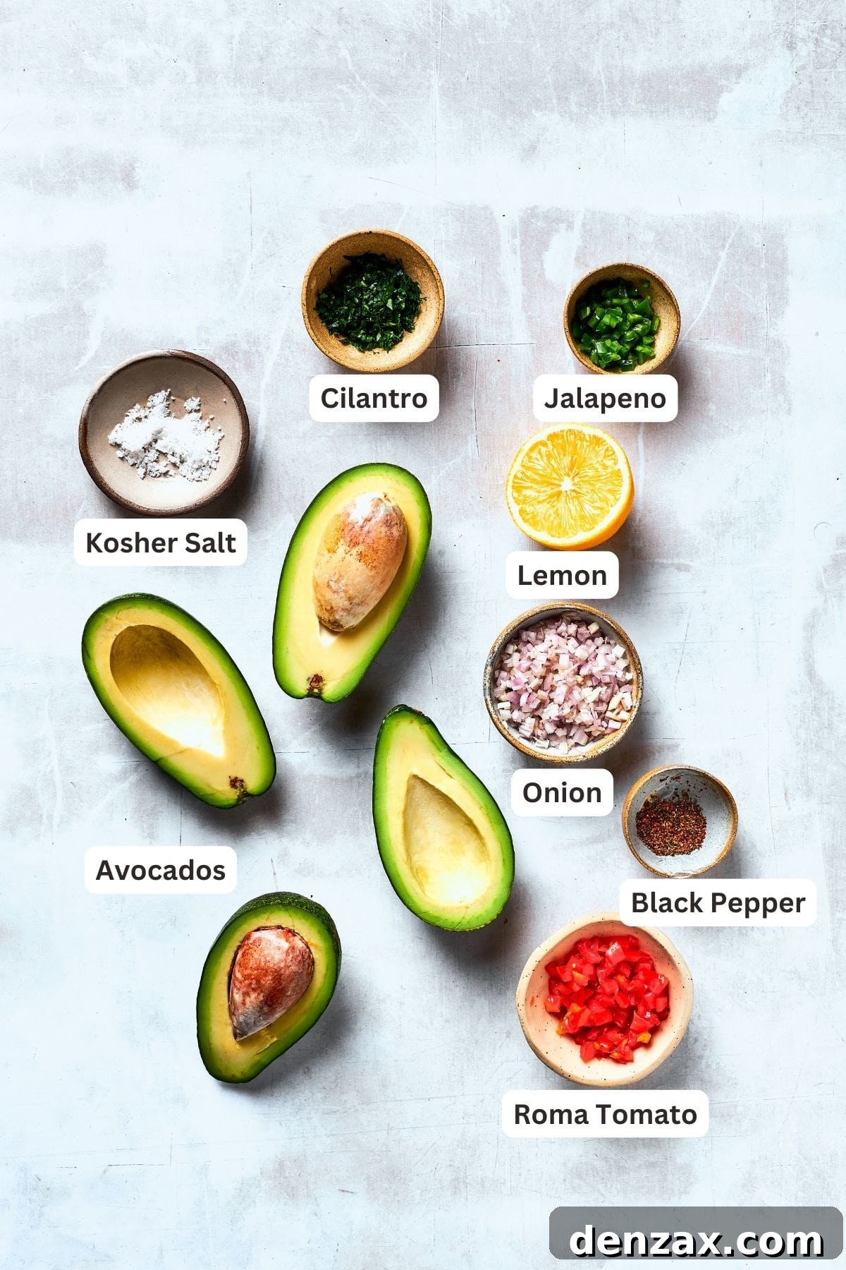 Guacamole ingredients are shown portioned out: avocados, garlic, onions, tomatoes, lemon huice, salt.