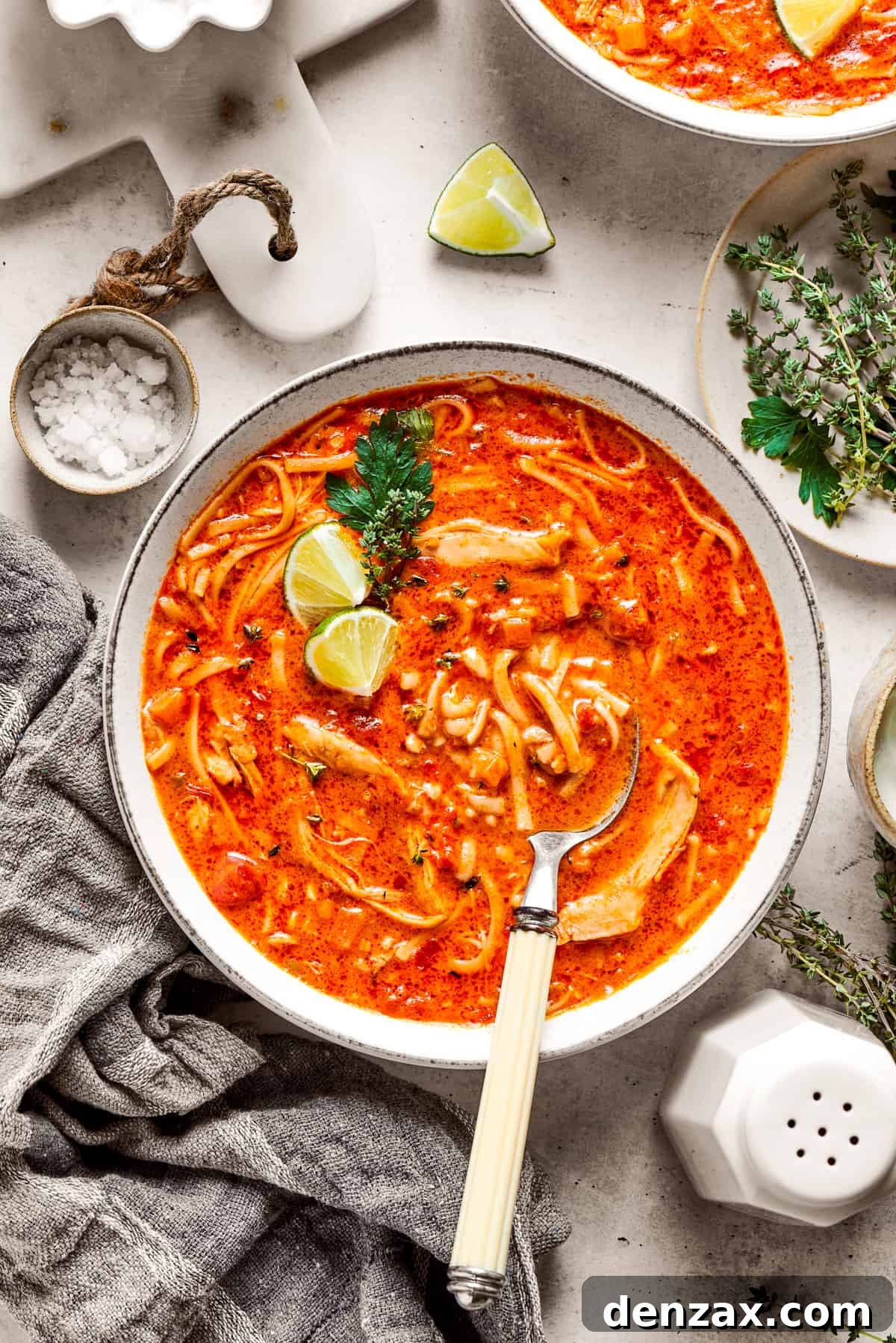 Two steaming bowls of spicy chicken soup, garnished with fresh cilantro and lime wedges, ready to be served.