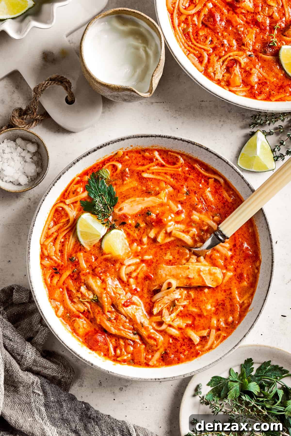 Two aesthetically arranged bowls of spicy chicken soup, garnished with fresh herbs and lime, with various toppings like chili flakes and extra lime around them.
