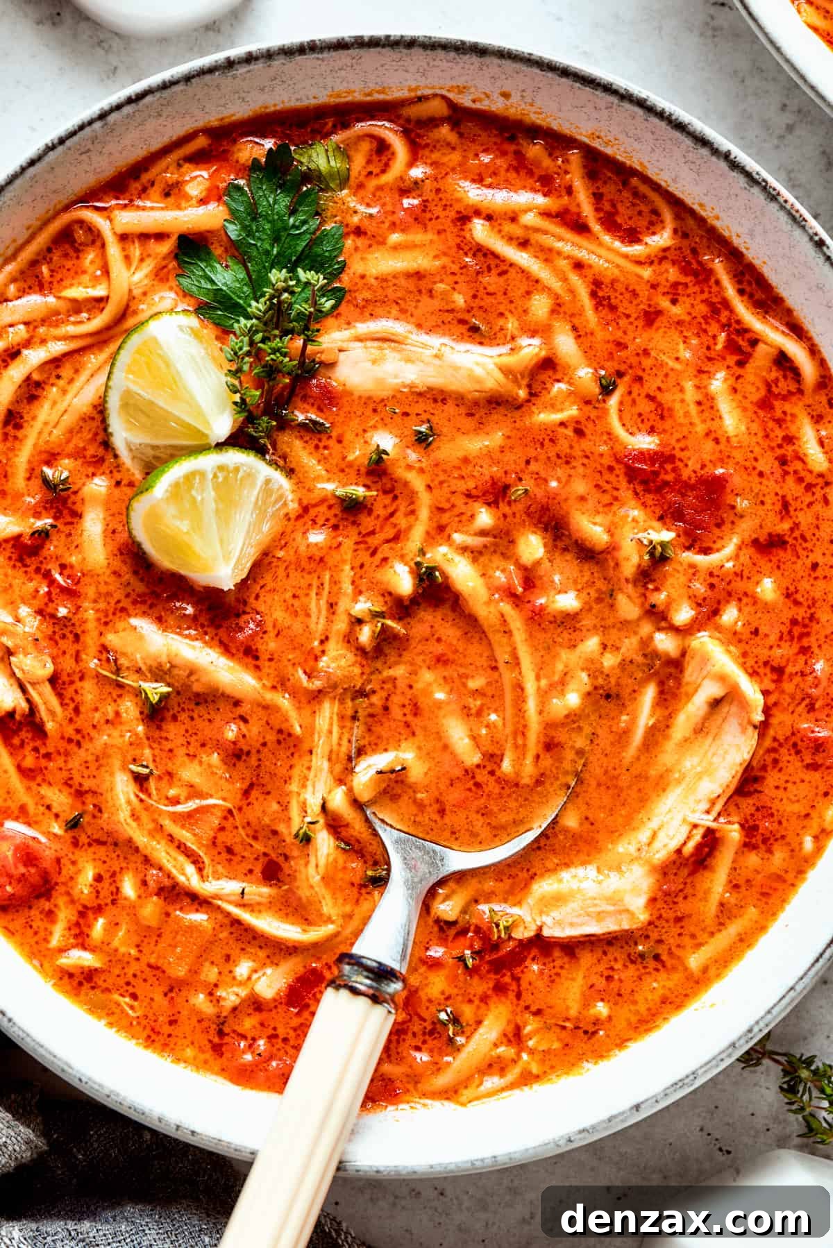 An inviting overhead close-up shot of a single bowl of spicy chicken soup, garnished with fresh cilantro, with a spoon nestled in the savory broth.