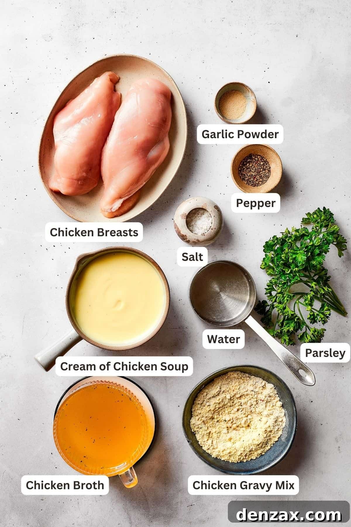 The array of essential ingredients for preparing creamy slow cooker chicken and gravy: boneless chicken breasts, fresh parsley, cream of chicken soup, a mix of pepper, salt, garlic powder, water, chicken broth, and chicken gravy mix, all neatly portioned.