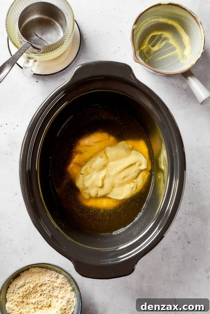 Chicken broth and cream of chicken soup are being combined directly in a slow cooker, forming the rich base for the gravy.