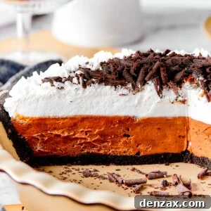 French Silk Pie in a plate with a layer of chocolate and a top layer of vanilla, ready to be served.