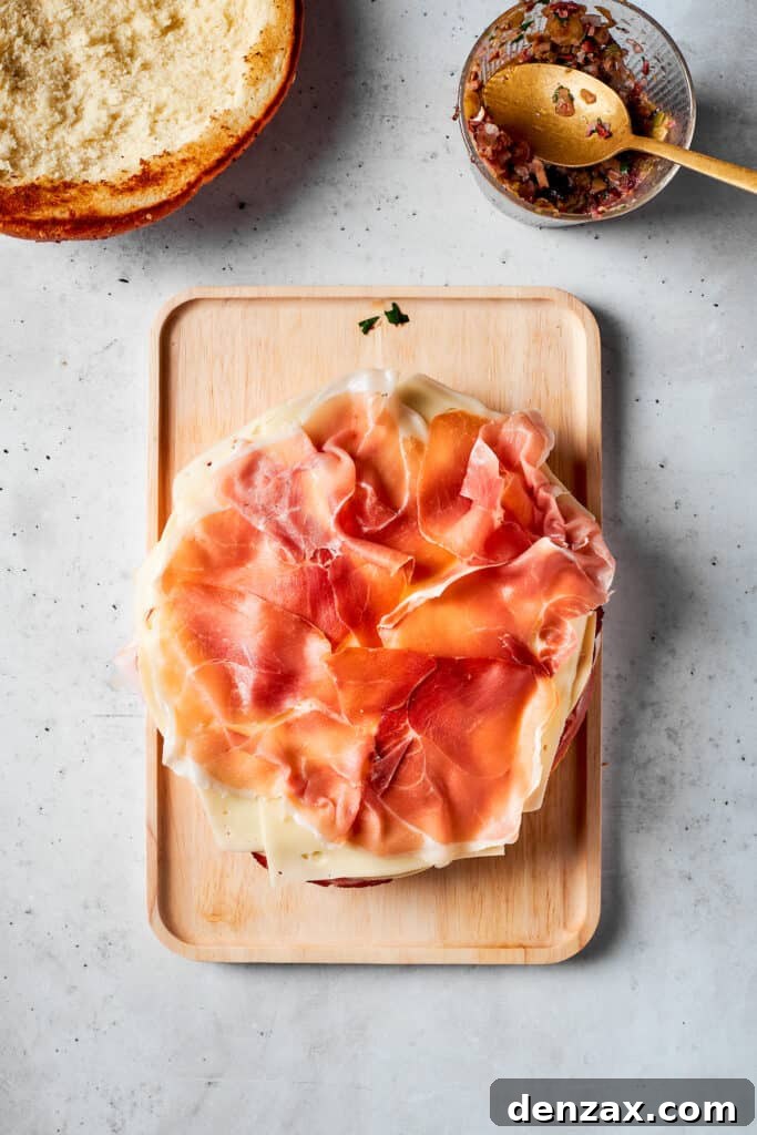 Delicate, thinly sliced Prosciutto di Parma is being added as the final layer of cured meat to the muffaletta sandwich, enhancing its flavor.