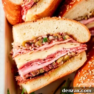 A perfectly assembled muffaletta sandwich, showcasing its delicious layers when cut into wedges.