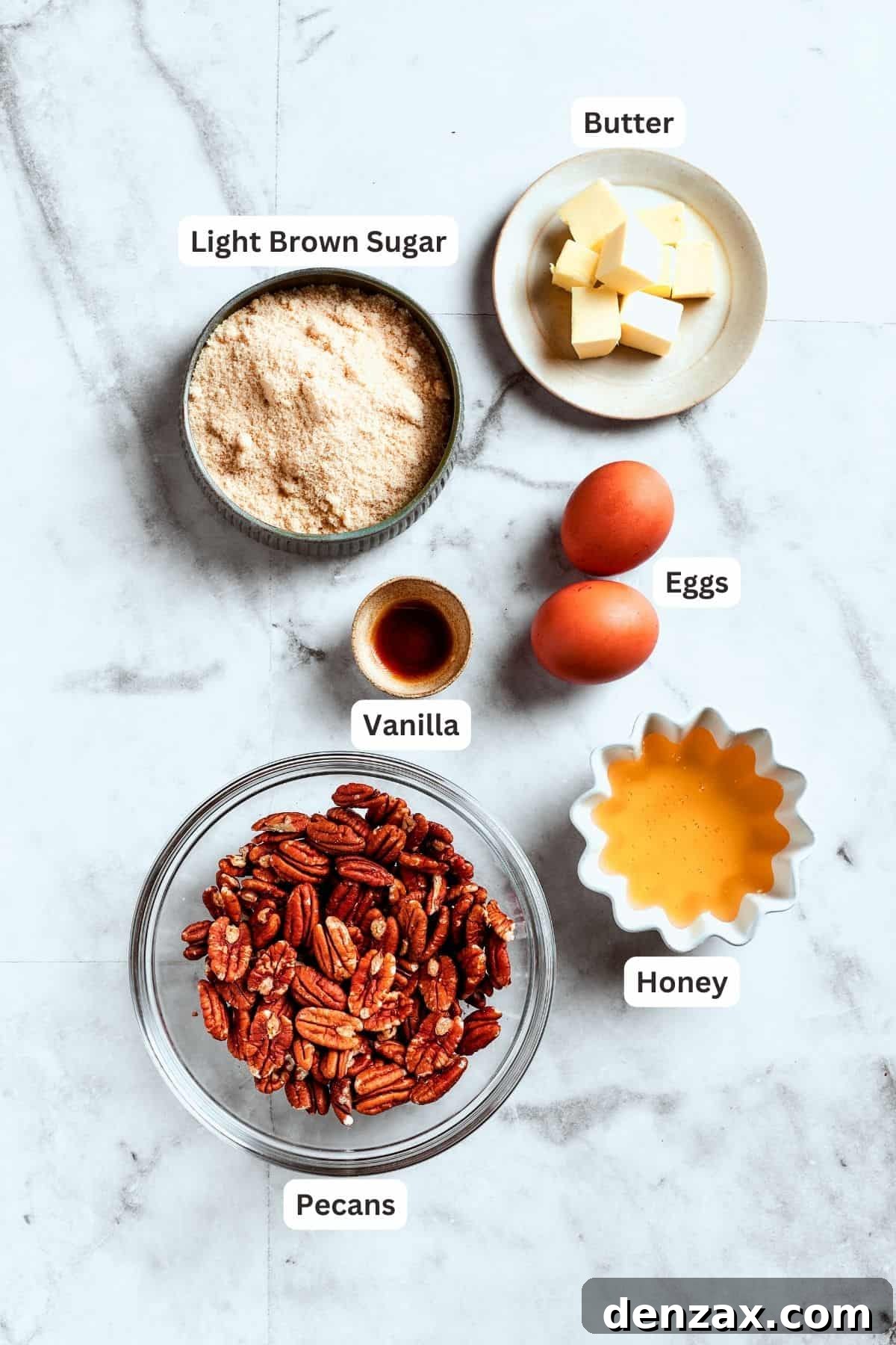 Ingredients for the luscious pecan pie filling: crunchy pecans, rich vanilla, large eggs, golden honey, and sweet brown sugar.