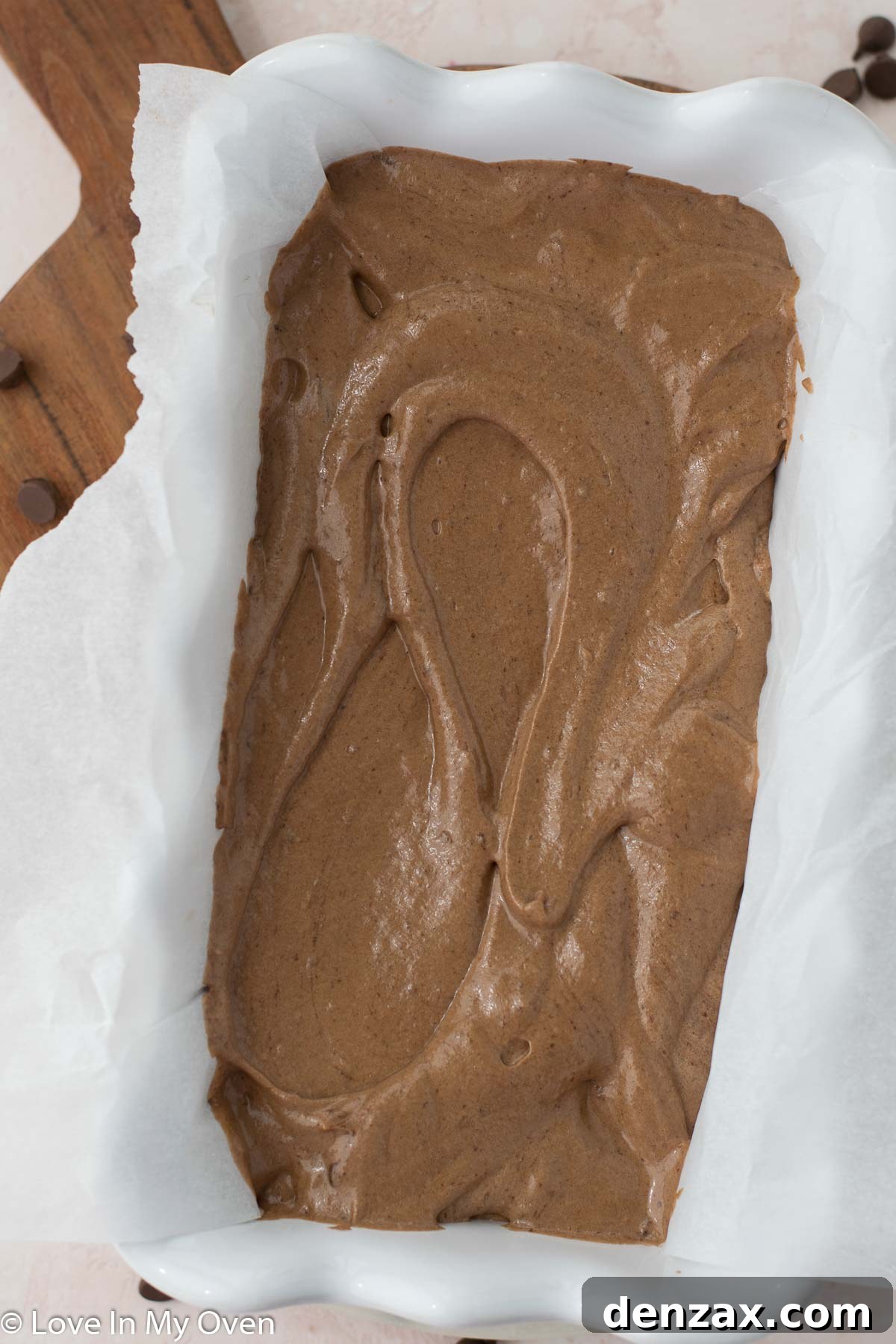 Smooth chocolate semifreddo mixture in a loaf pan