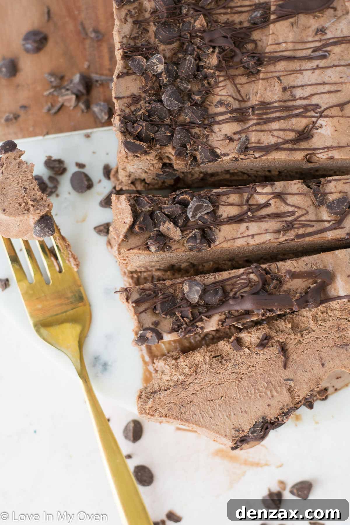 Close-up of a serving of dark chocolate semifreddo with chocolate drizzle