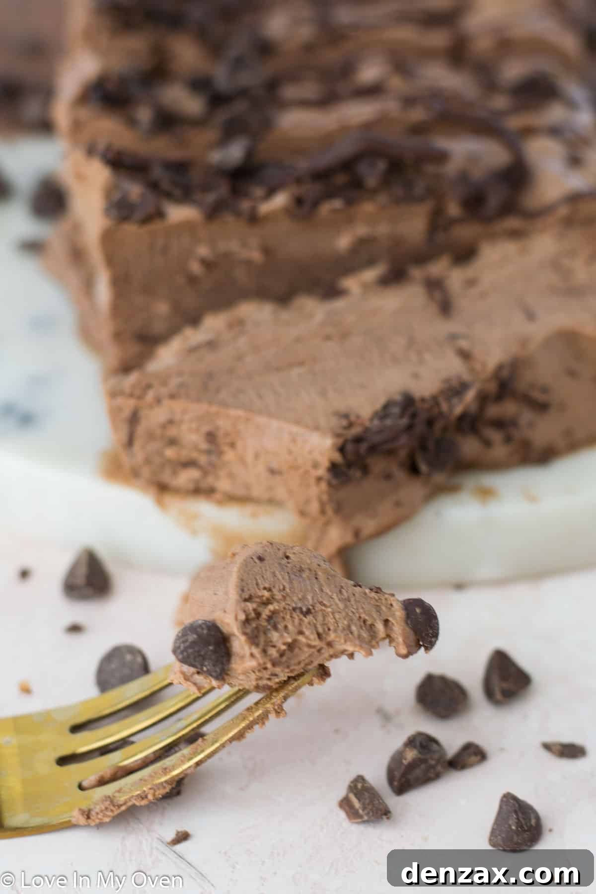 Overhead view of a dark chocolate semifreddo with a slice taken out