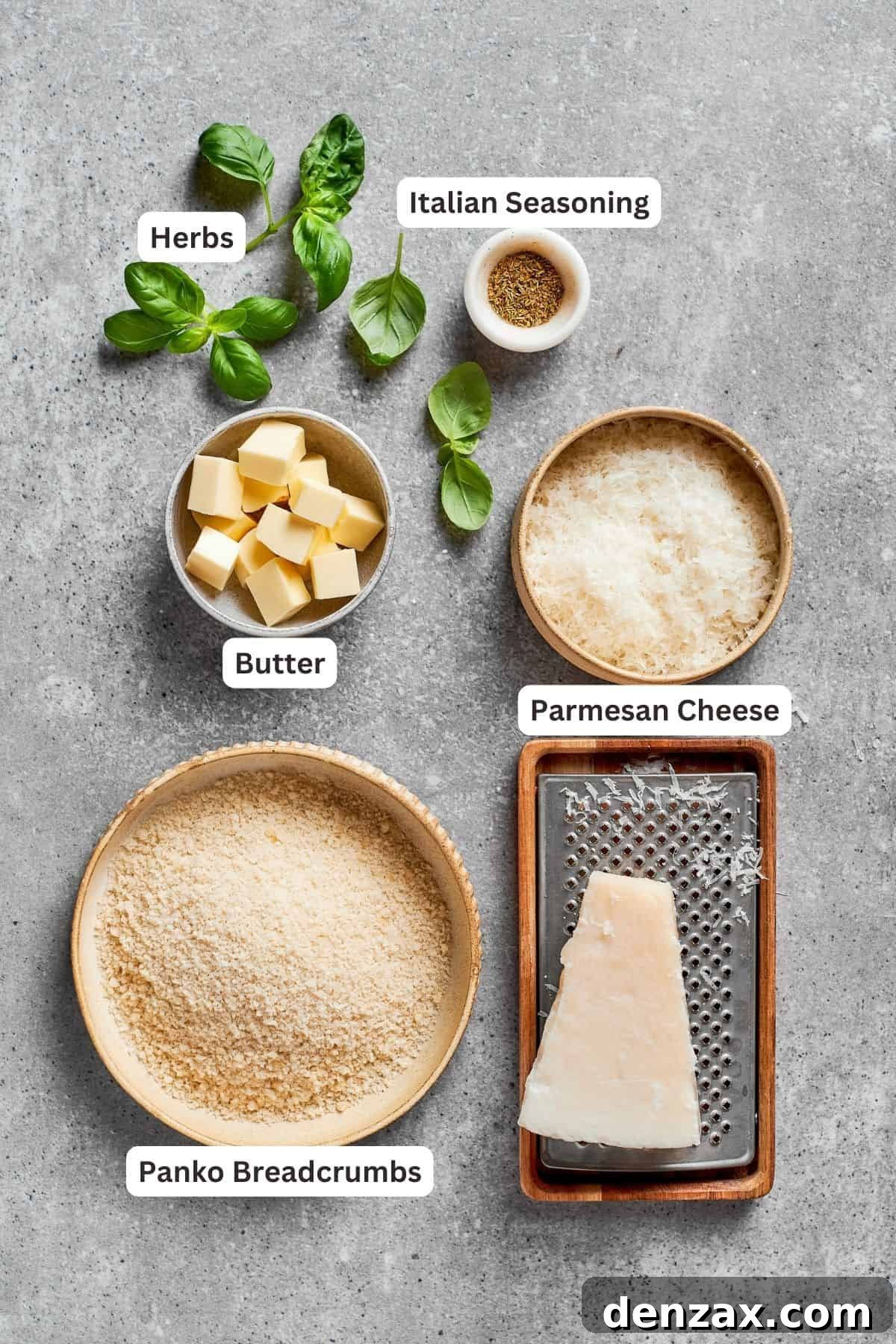 Topping ingredients are shown: butter, basil, spices, parmesan, breadcrumbs.