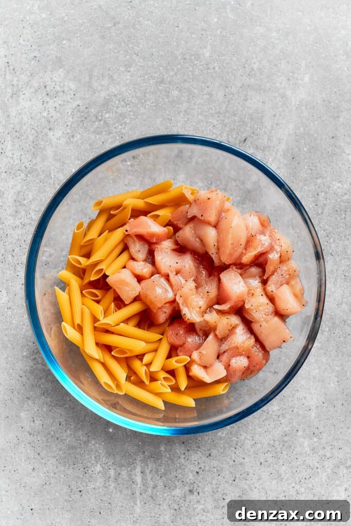 The pasta and chicken are placed in a bowl.