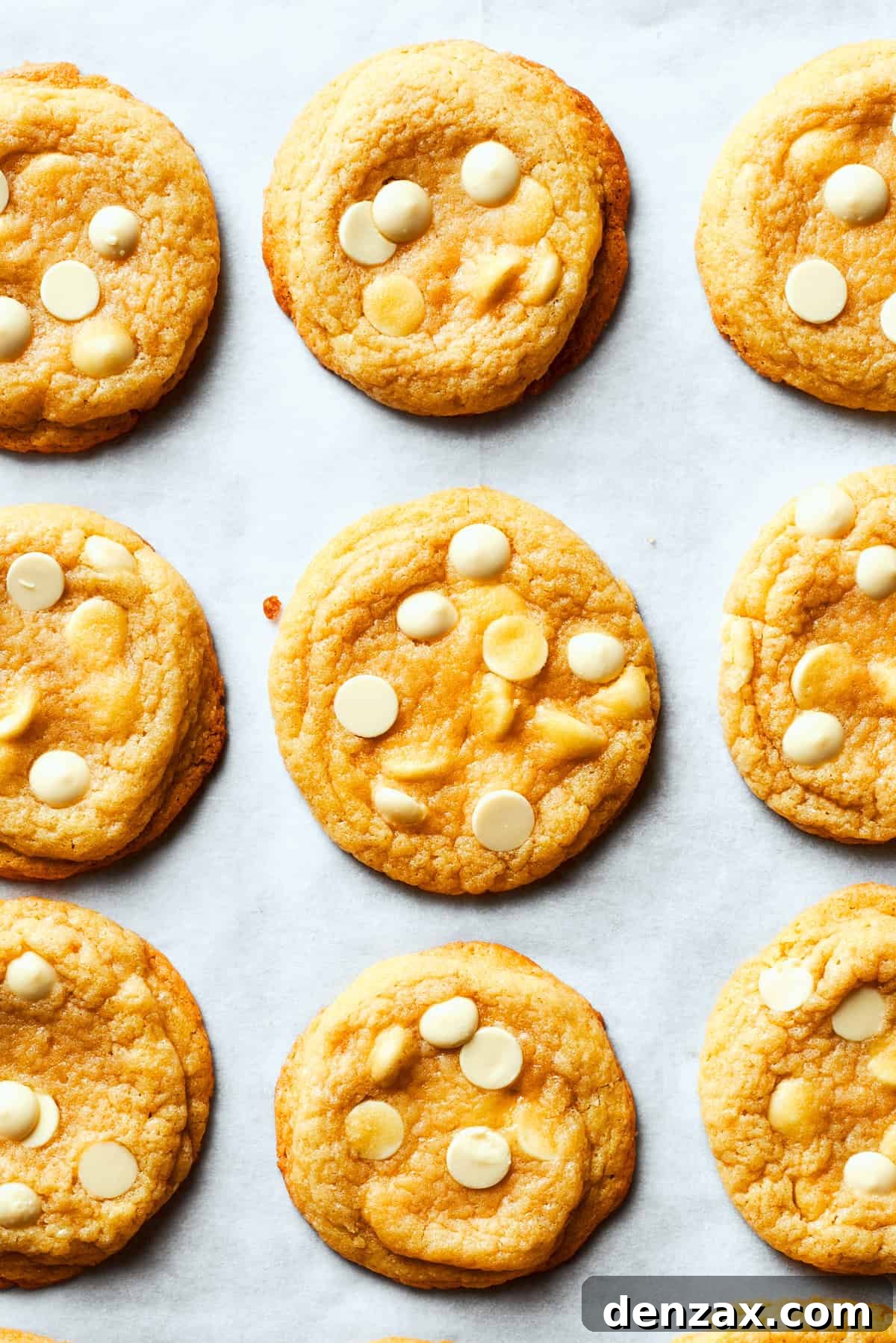 Nine perfectly baked chewy white chocolate chip cookies arranged neatly on a pristine white background.