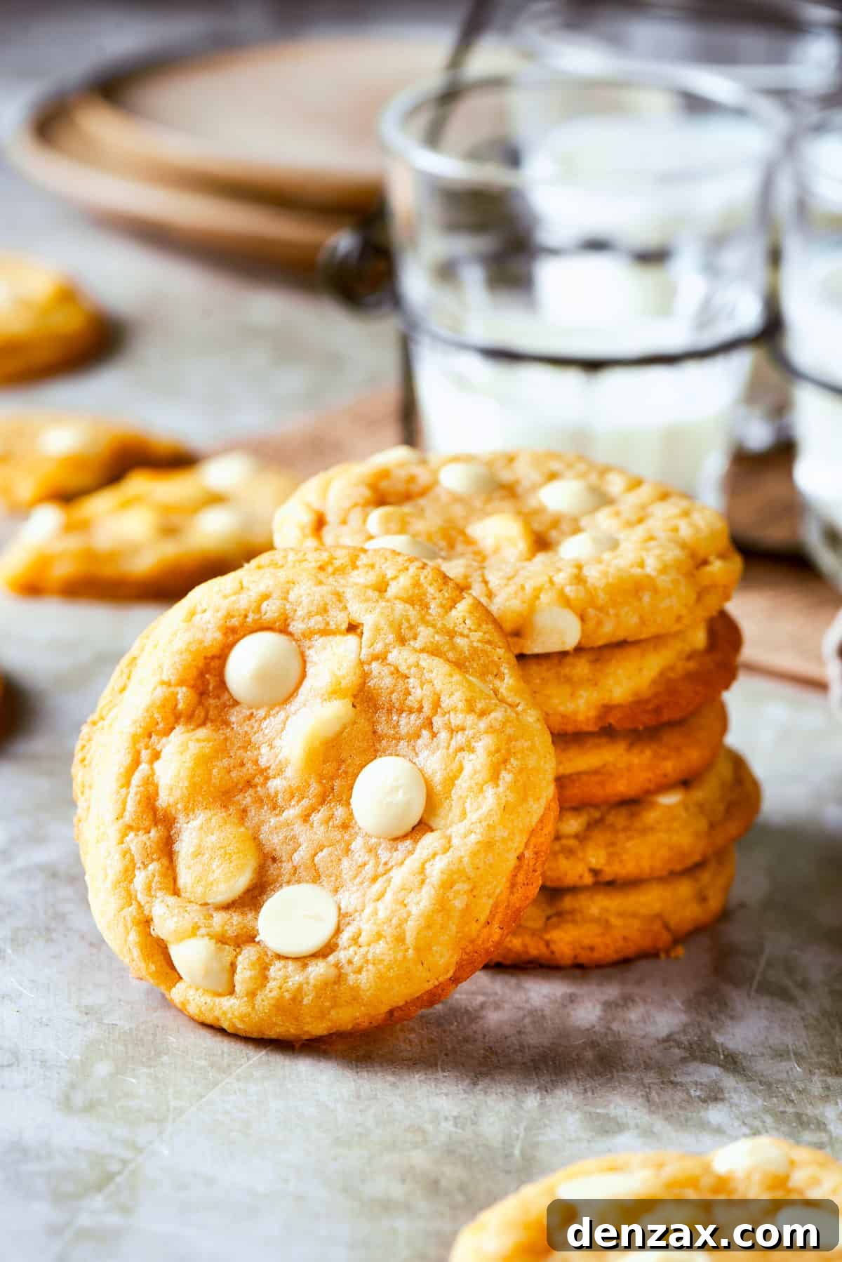 A tall stack of freshly baked white chocolate chip cookies on a white surface, showcasing their golden edges and soft centers.