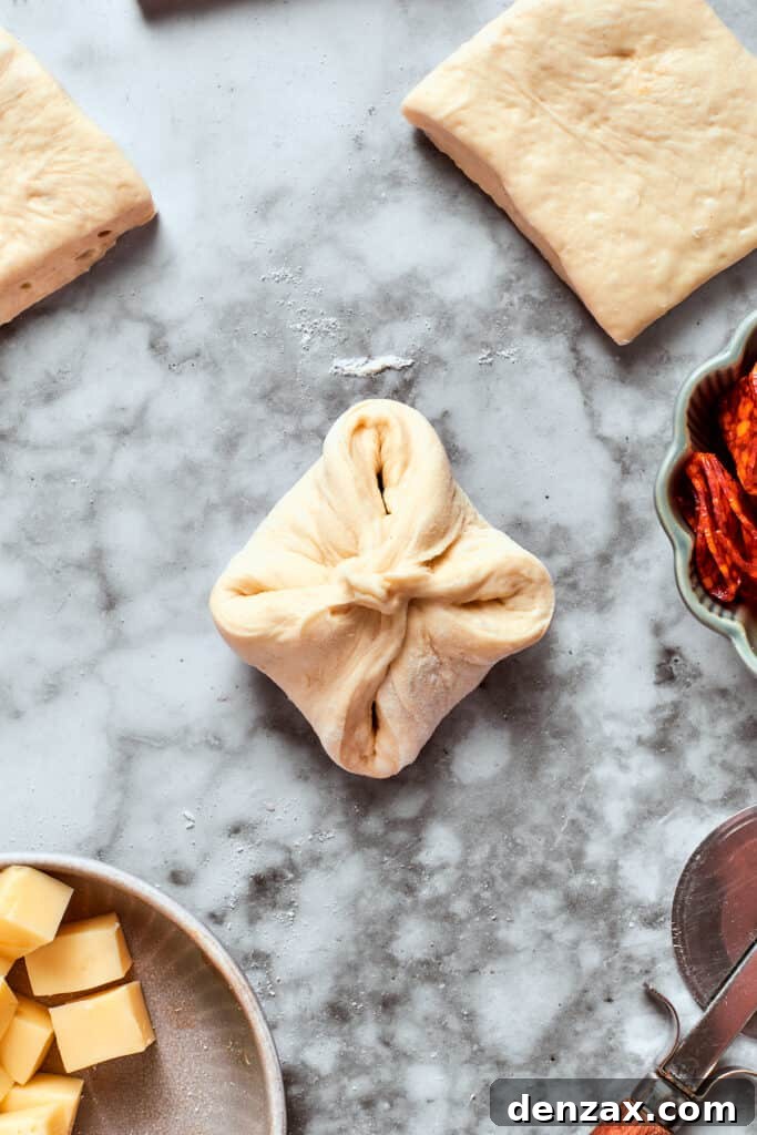 A pizza dough square is carefully folded over its filling, with the edges being pinched together to form a sealed bite.