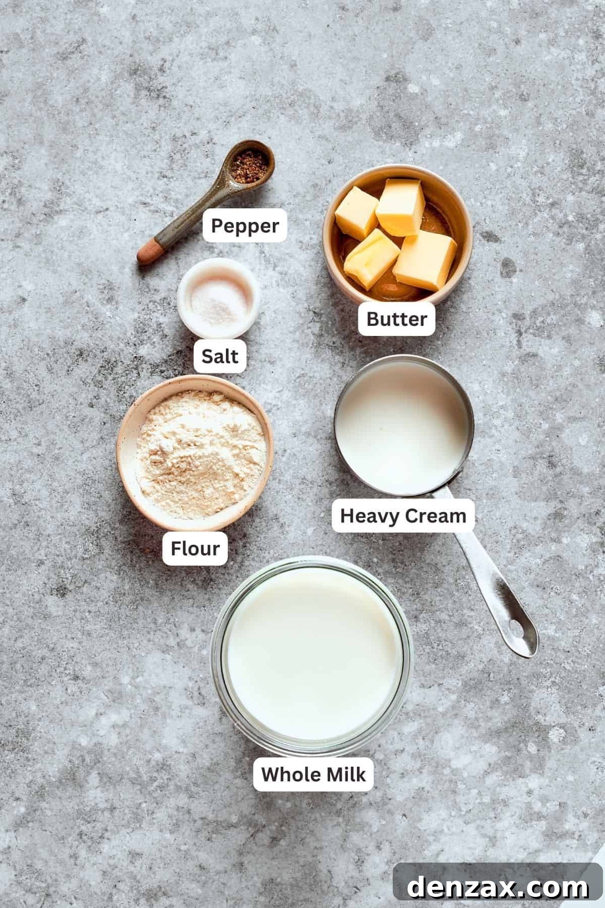 Ingredients specifically for the creamy gravy: butter, flour, milk, heavy cream, salt, and pepper.