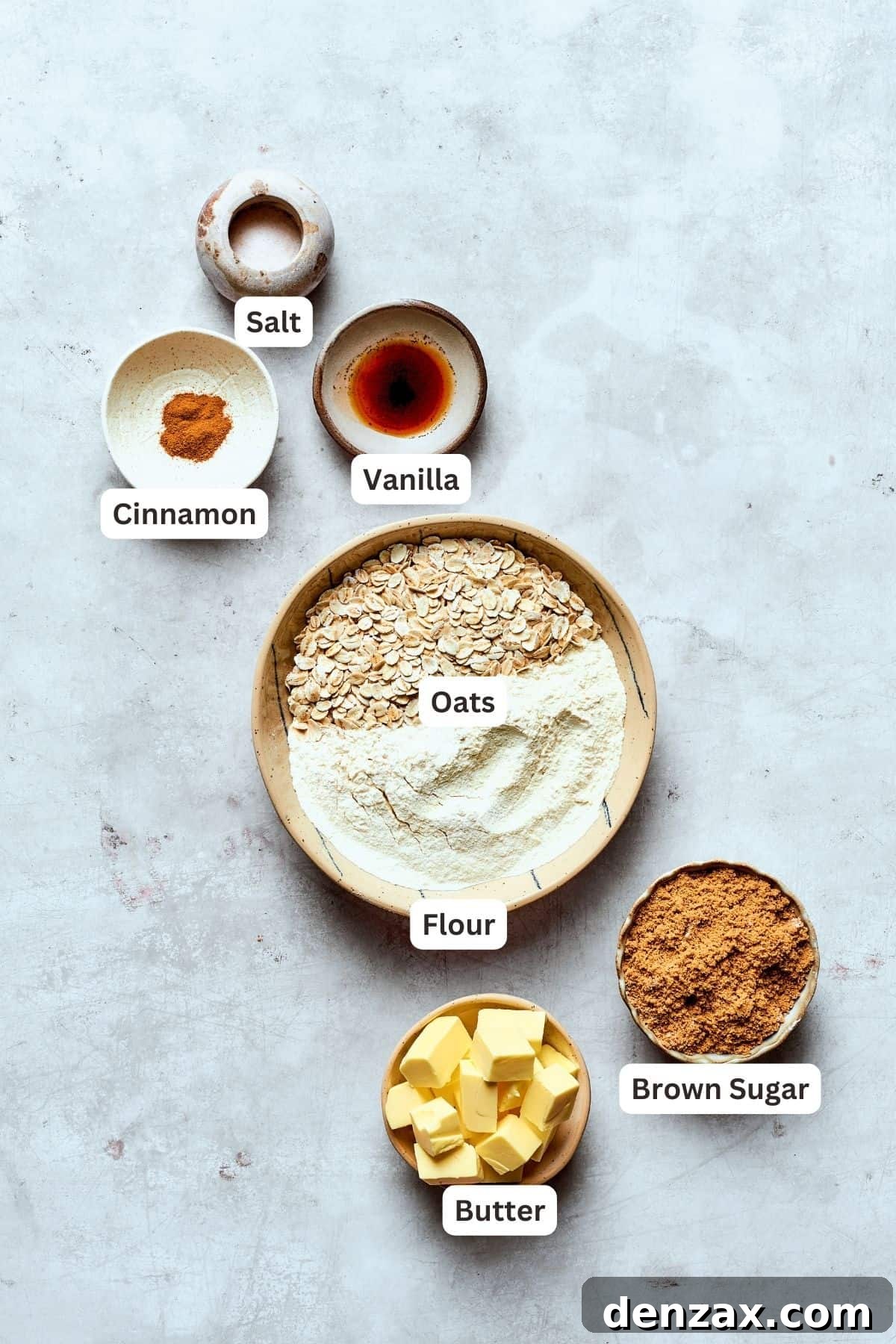 Blueberry crisp topping ingredients are shown labeled: cinnamon, vanbilla, salt, flour, oats, butter, brown sugar.