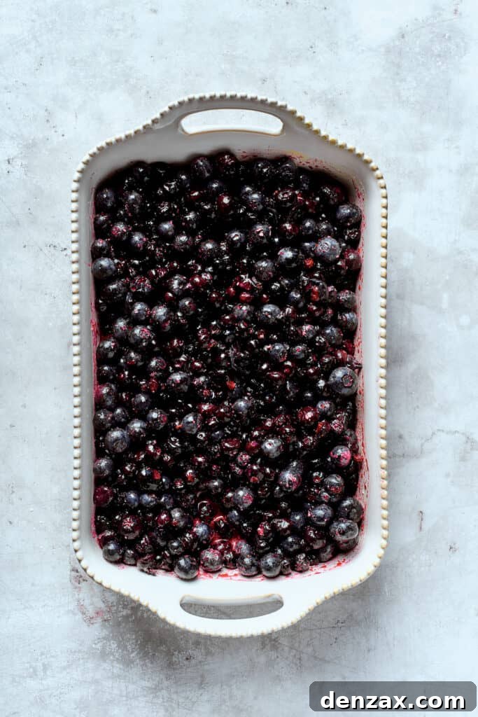 The filling for blueberry crisp is spread out in a pan.