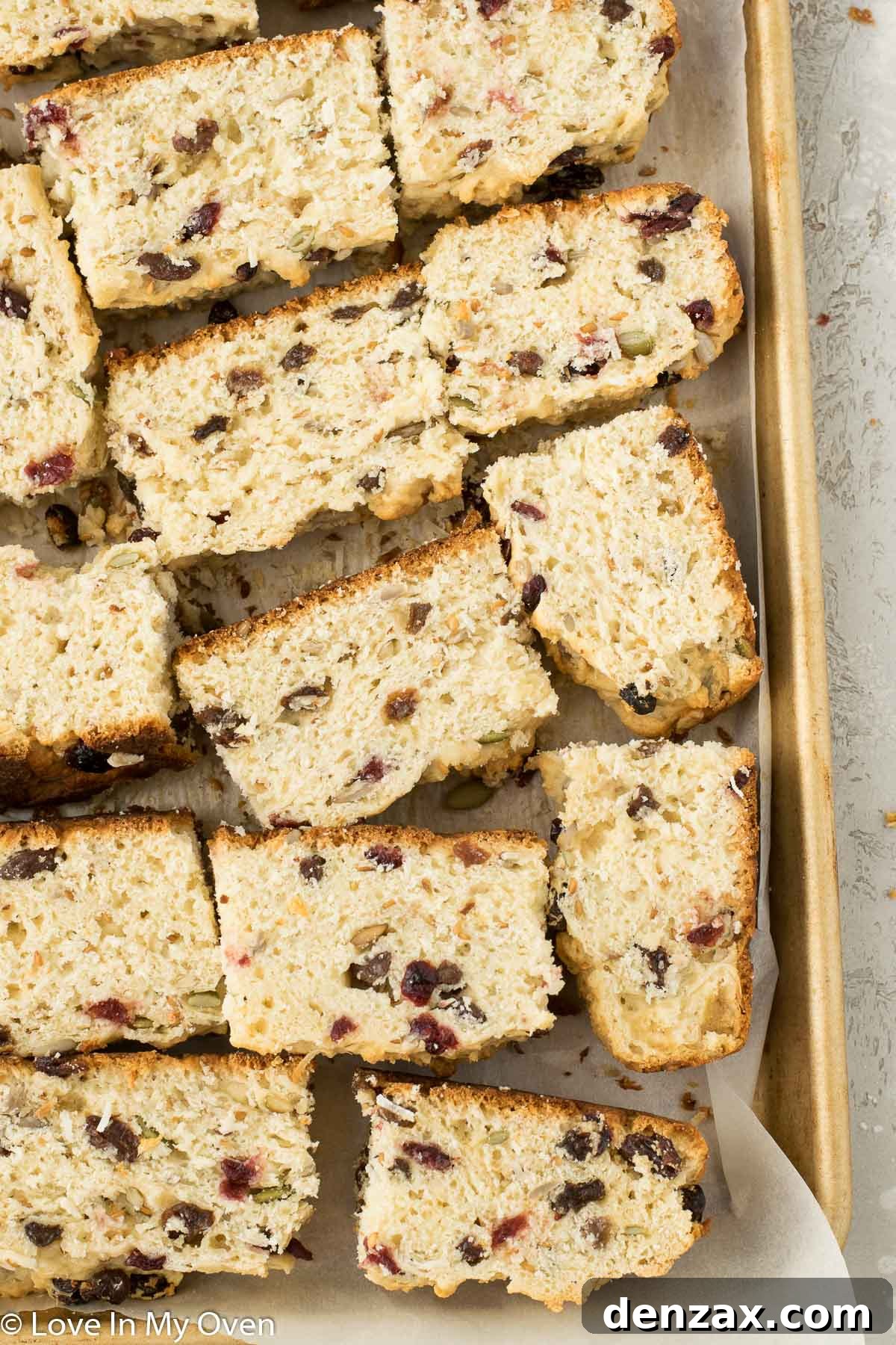 Cut rusks laid out on a baking sheet