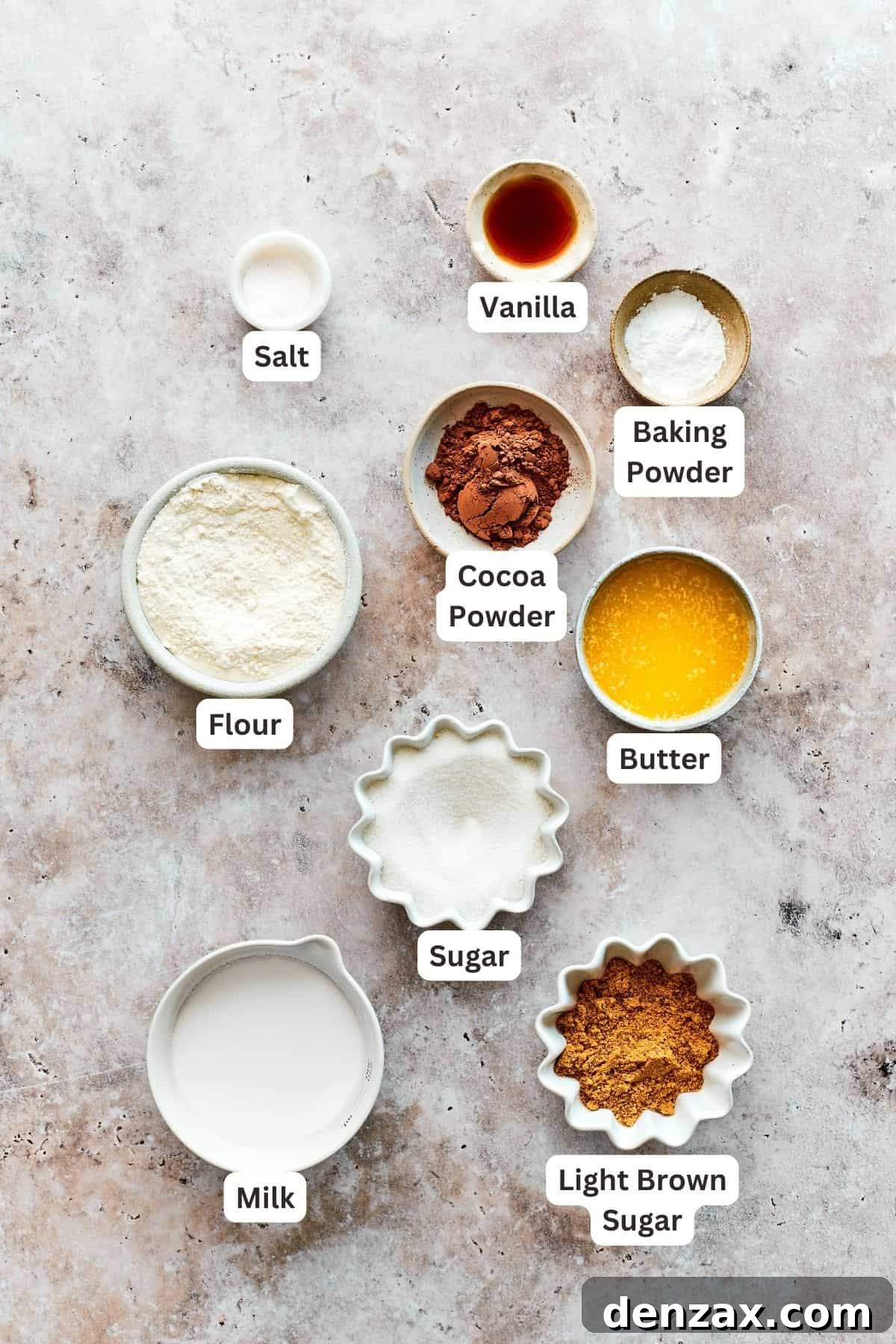 Labeled ingredients for the chocolate cake batter, including brown sugar, granulated sugar, baking powder, cocoa powder, salt, vanilla, milk, and flour, laid out on a clean surface.