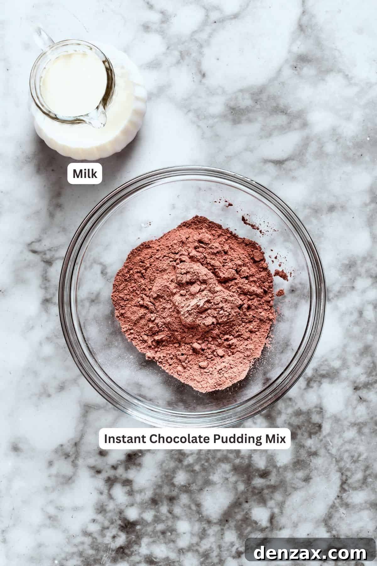 Ingredients for the chocolate pudding layer: instant chocolate pudding mix and milk.