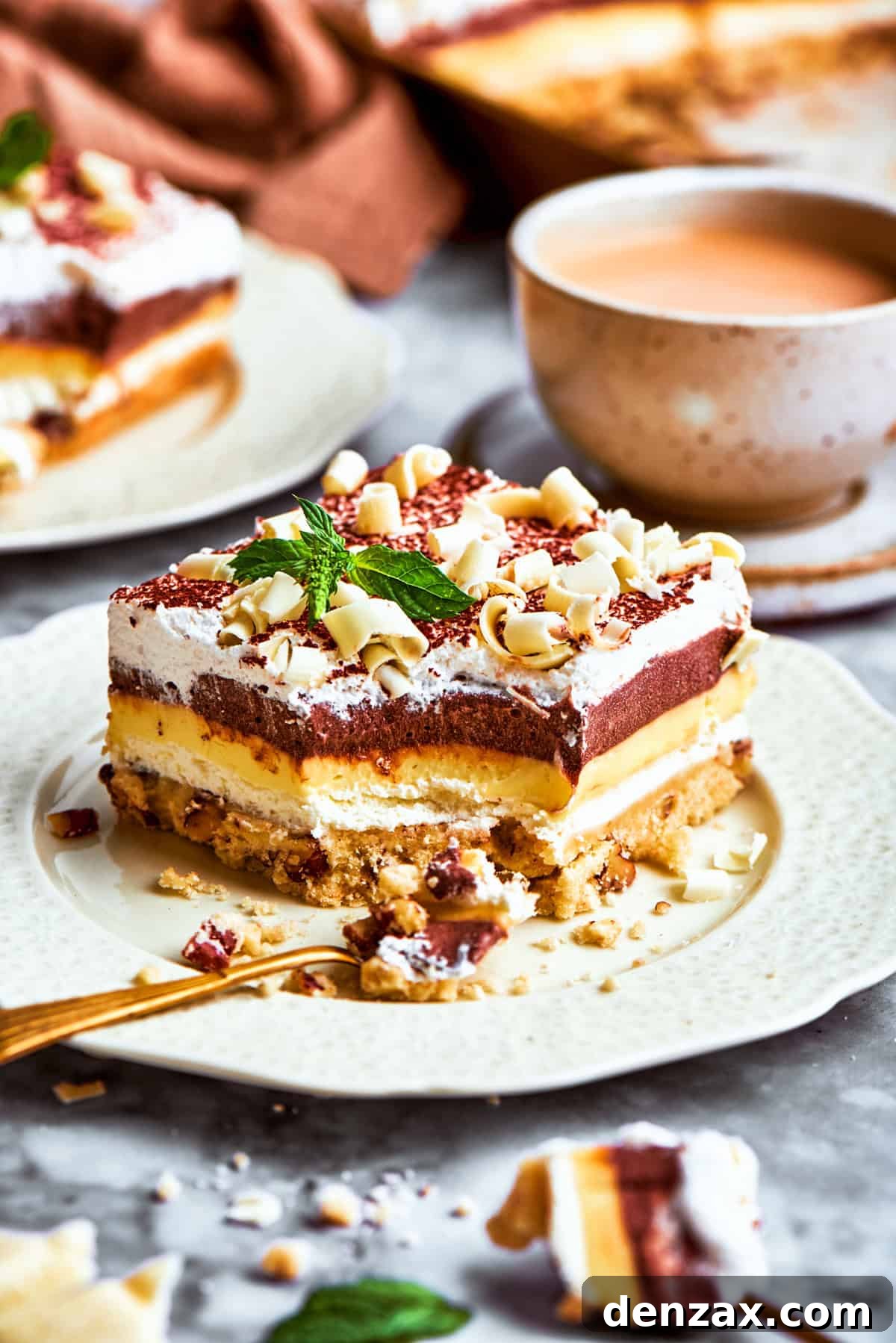 A plated slice of the layered no-bake Sex in a Pan dessert, ready to be enjoyed as a refreshing treat.