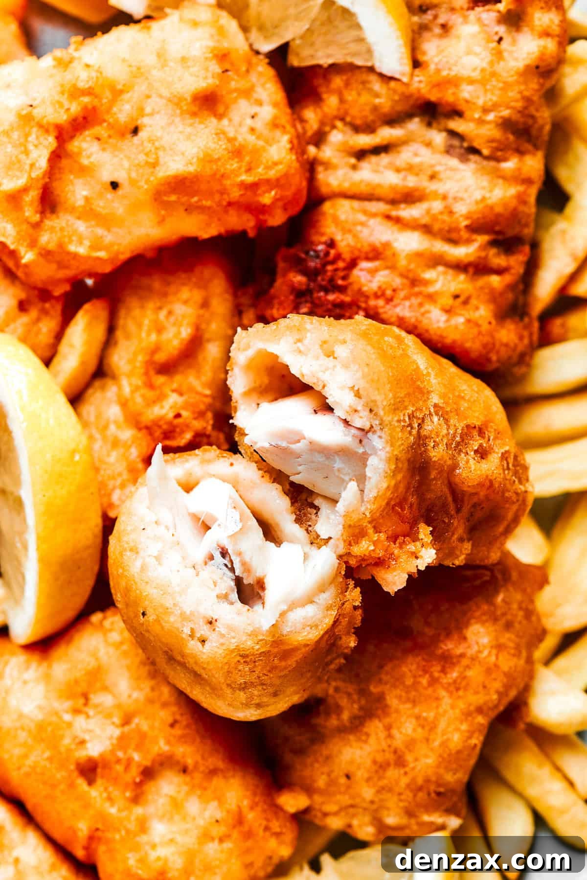 A perfectly fried, crispy piece of beer-battered fish is cut in half, revealing its hot, flaky interior.