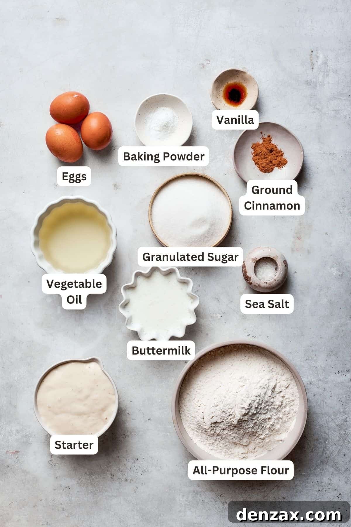 Amish friendship bread ingredients: flour, sugar, baking powder, eggs, cinnamon, salt, buttermilk, vanilla, and starter are laid out on a counter.