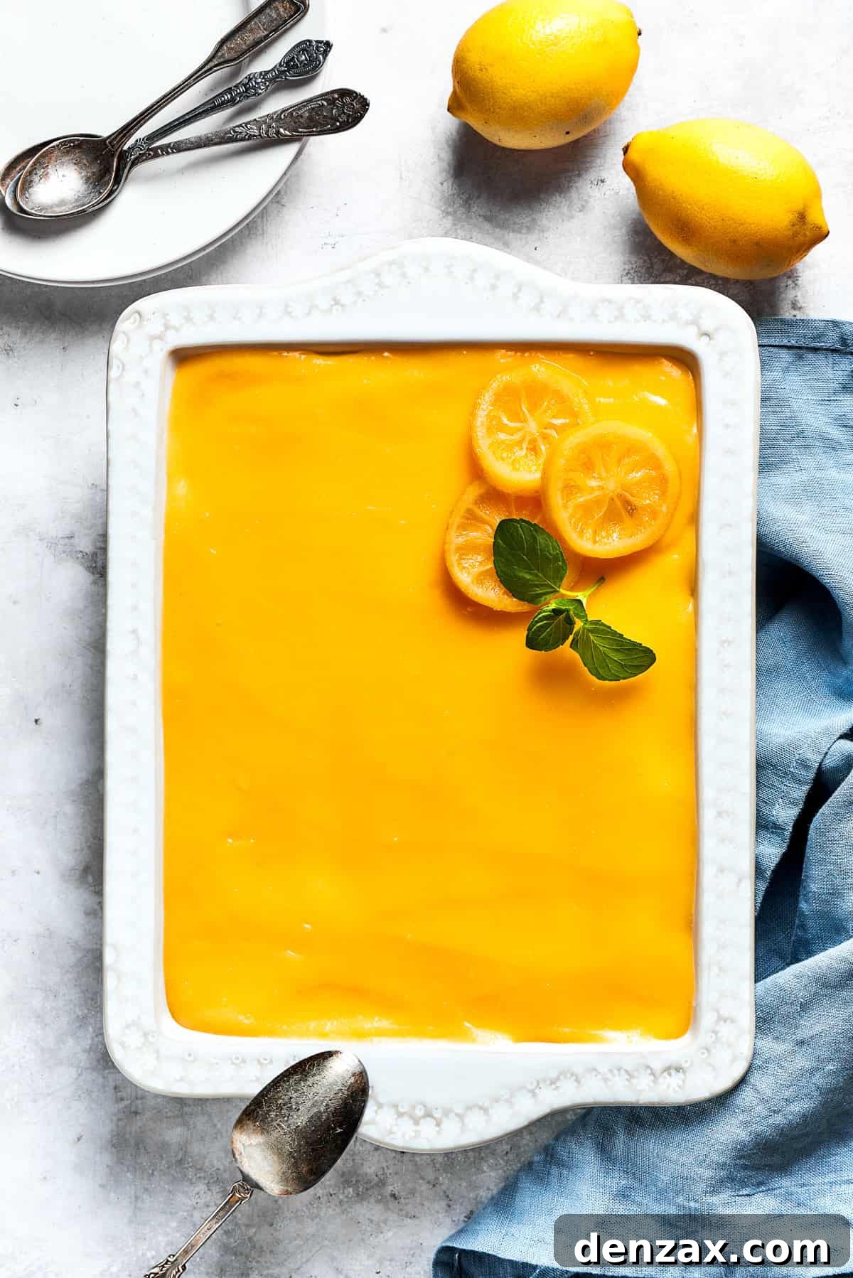 An overhead shot of the finished lemon tiramisu in a dish, garnished with fresh lemon slices, ready to be chilled.