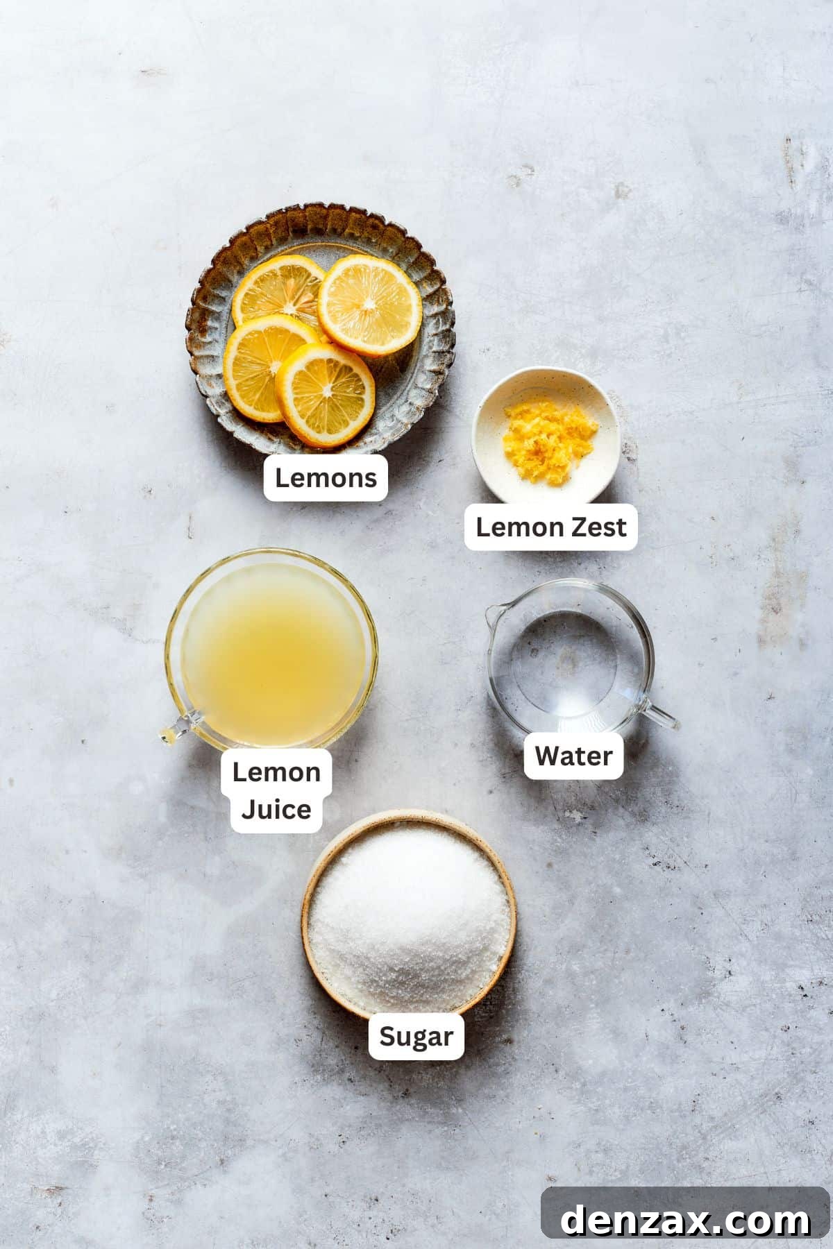 Ingredients for lemon syrup: fresh lemons, granulated sugar, water, lemon juice, and lemon zest.