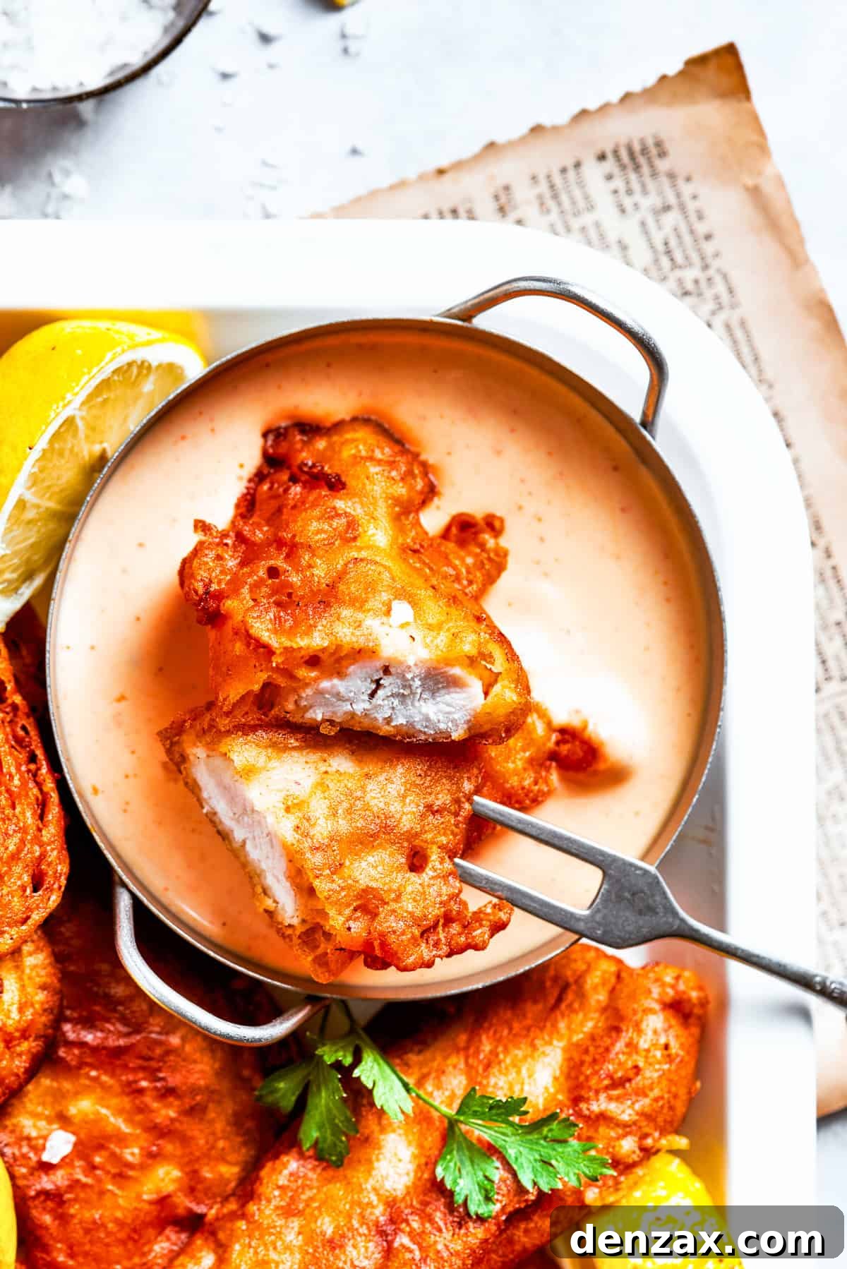 An inviting platter showcasing a generous serving of crispy beer-battered chicken, a bowl of creamy dipping sauce, and a tall glass of beer, creating a perfect meal or appetizer spread.