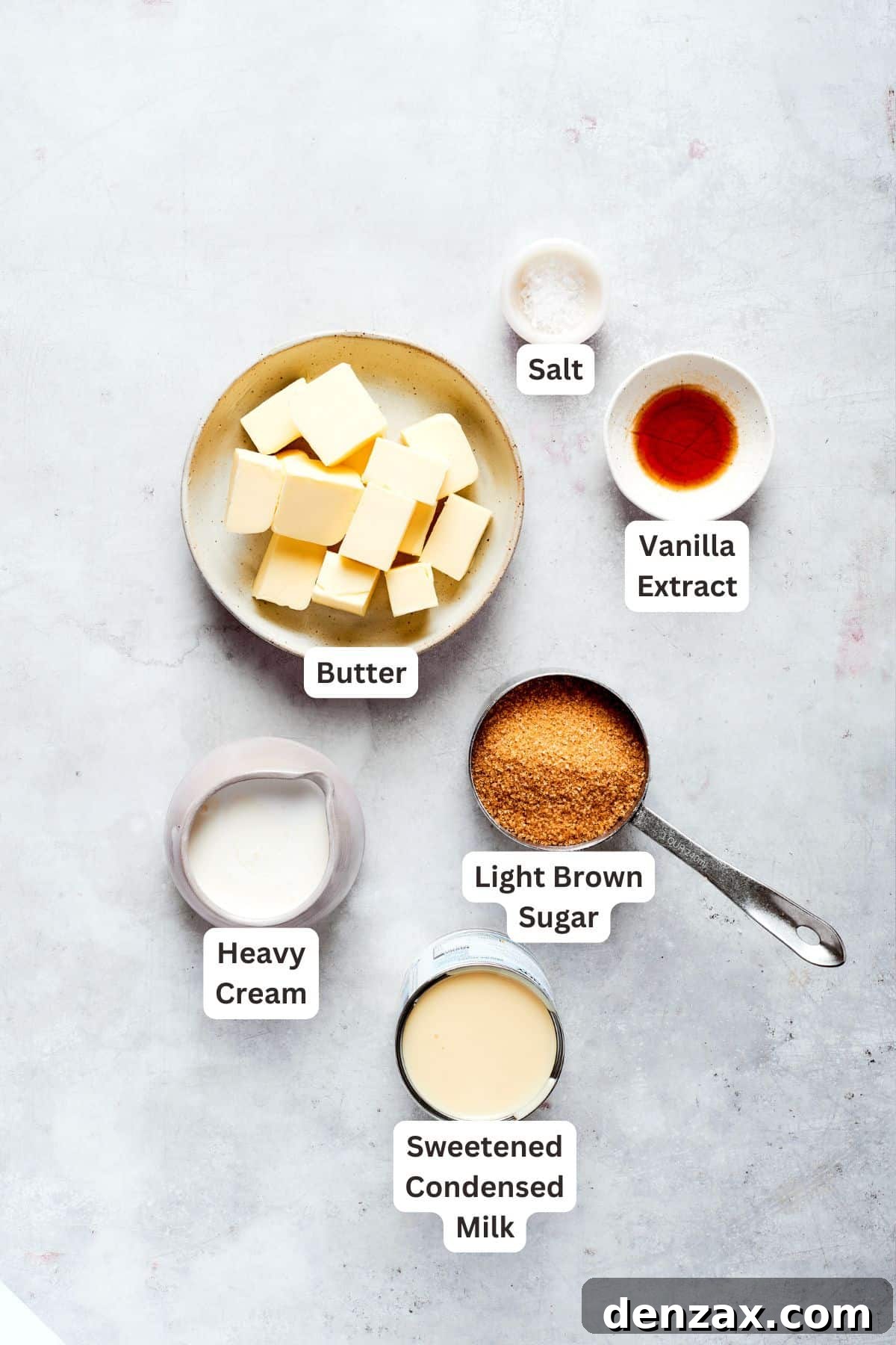 Caramel ingredients labeled: butter, vanilla, light brown sugar, salt, heavy cream, condensed milk.