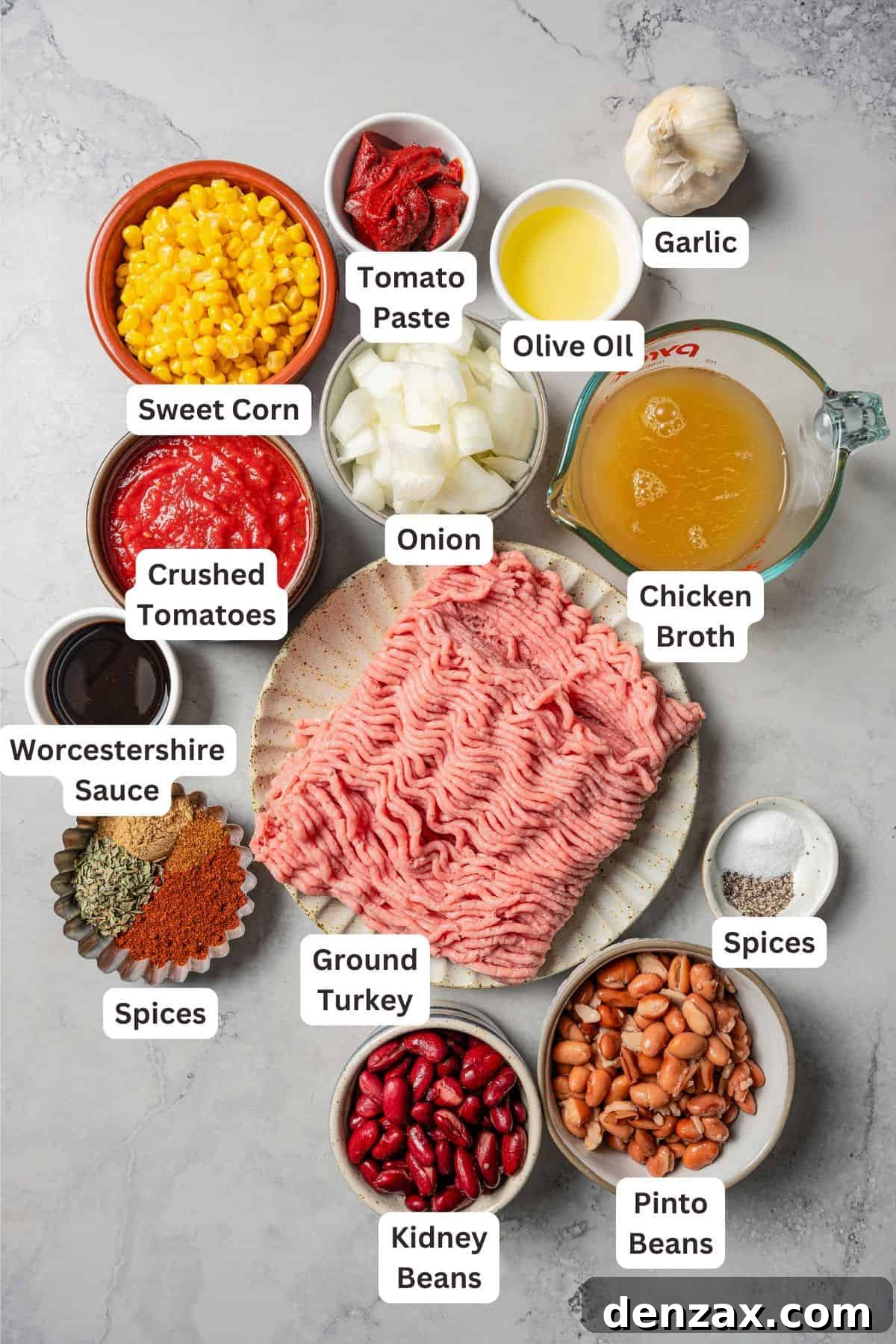 Turkey chili ingredients with text labels overlaying each ingredient.