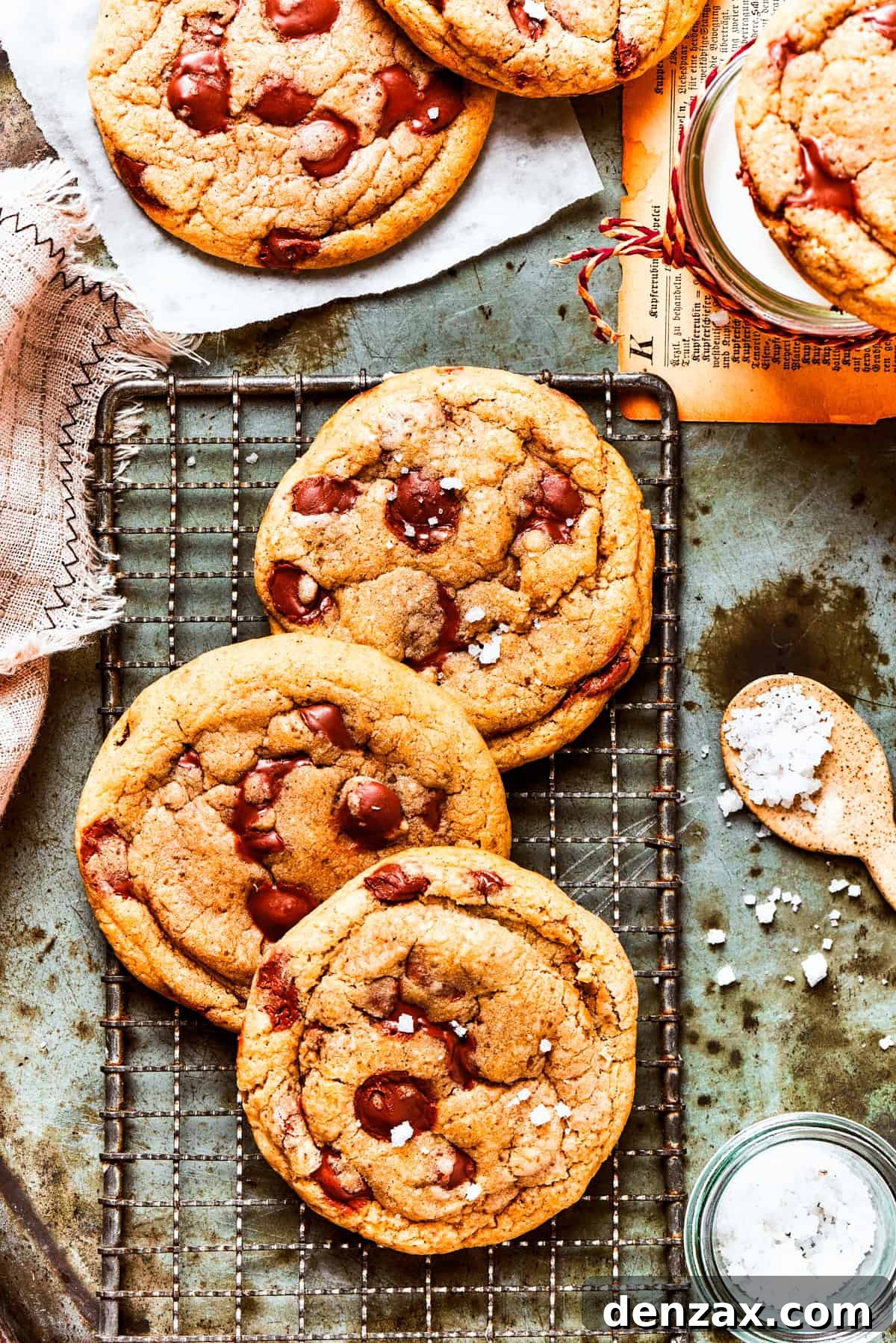 Three perfectly baked brown butter chocolate chip cookies resting on a wire cooling rack, showcasing their golden-brown edges and soft centers.