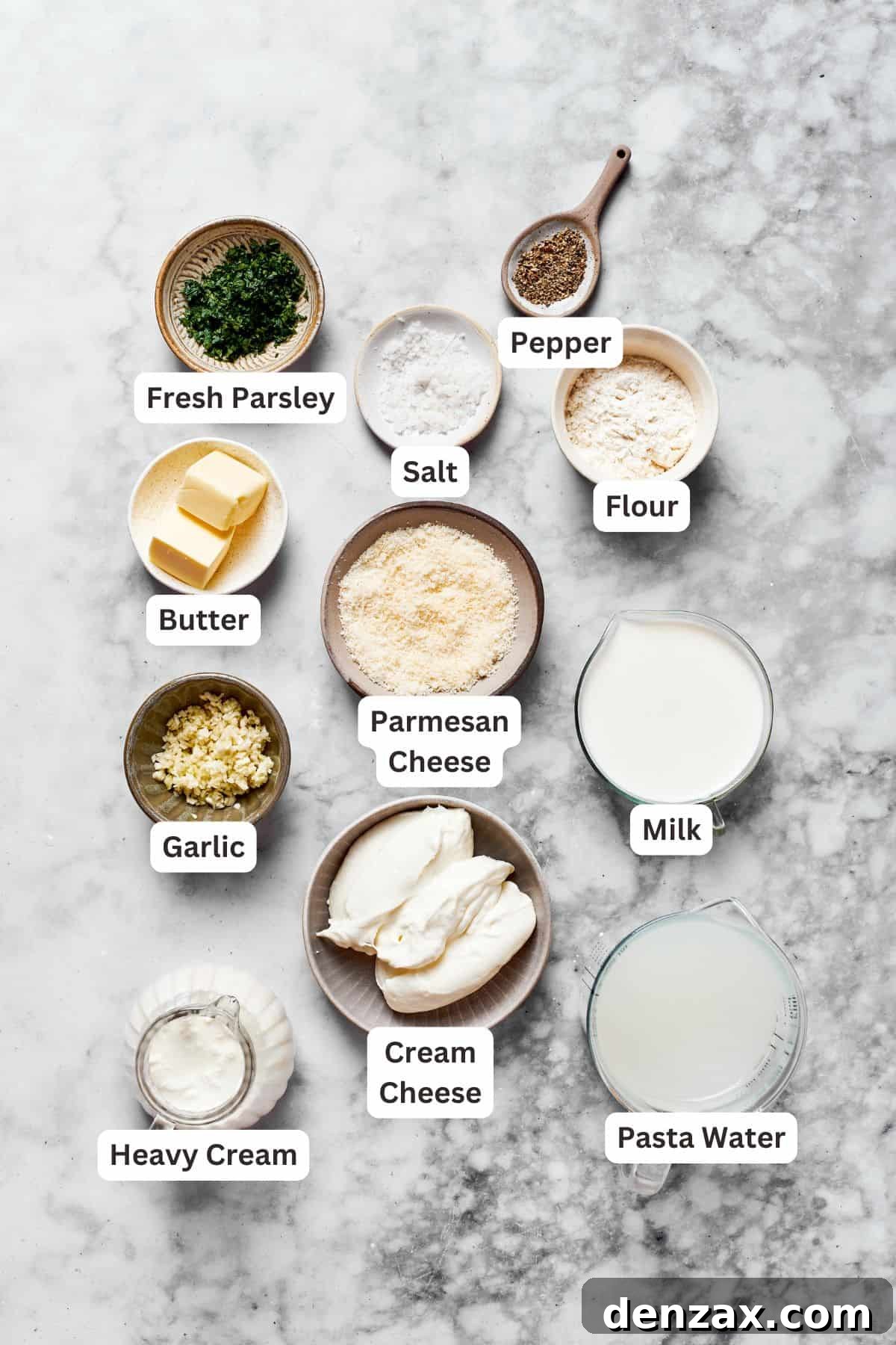 Essential ingredients for creating the rich garlic parmesan sauce.