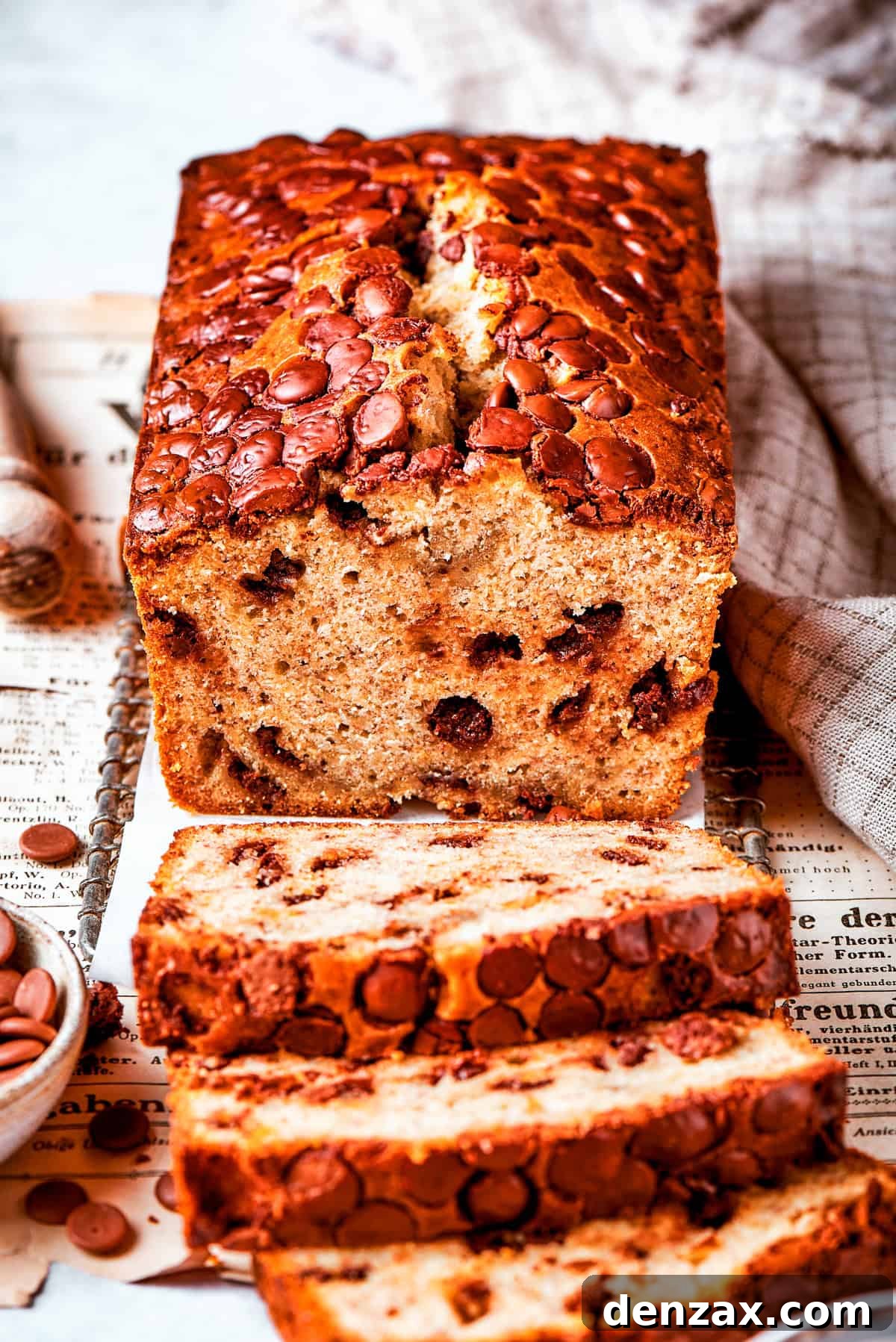 A loaf of banana chocolate chip bread cut into slices, showcasing its moist texture and abundant chocolate chips.