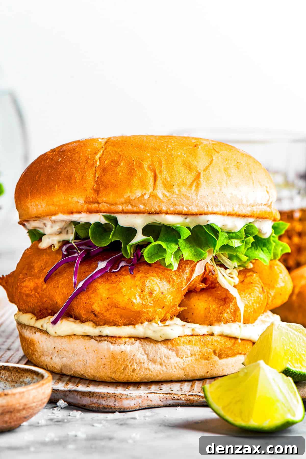 A beautifully assembled fish sandwich with a golden-fried fillet, fresh lettuce, and creamy tartar sauce, served on a toasted brioche bun.
