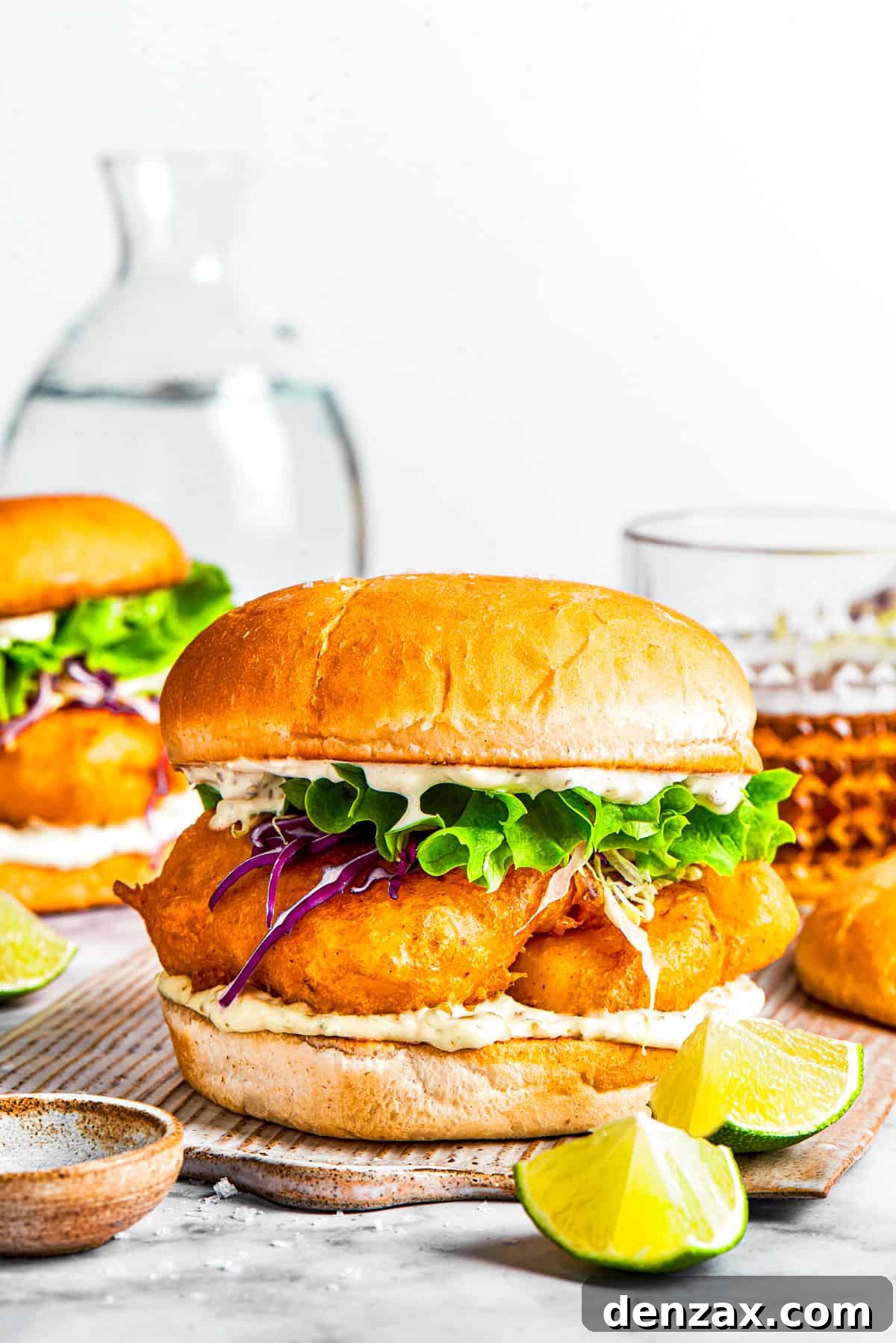 A beautifully completed fish sandwich, with another in the background, ready to be served alongside refreshing drinks.