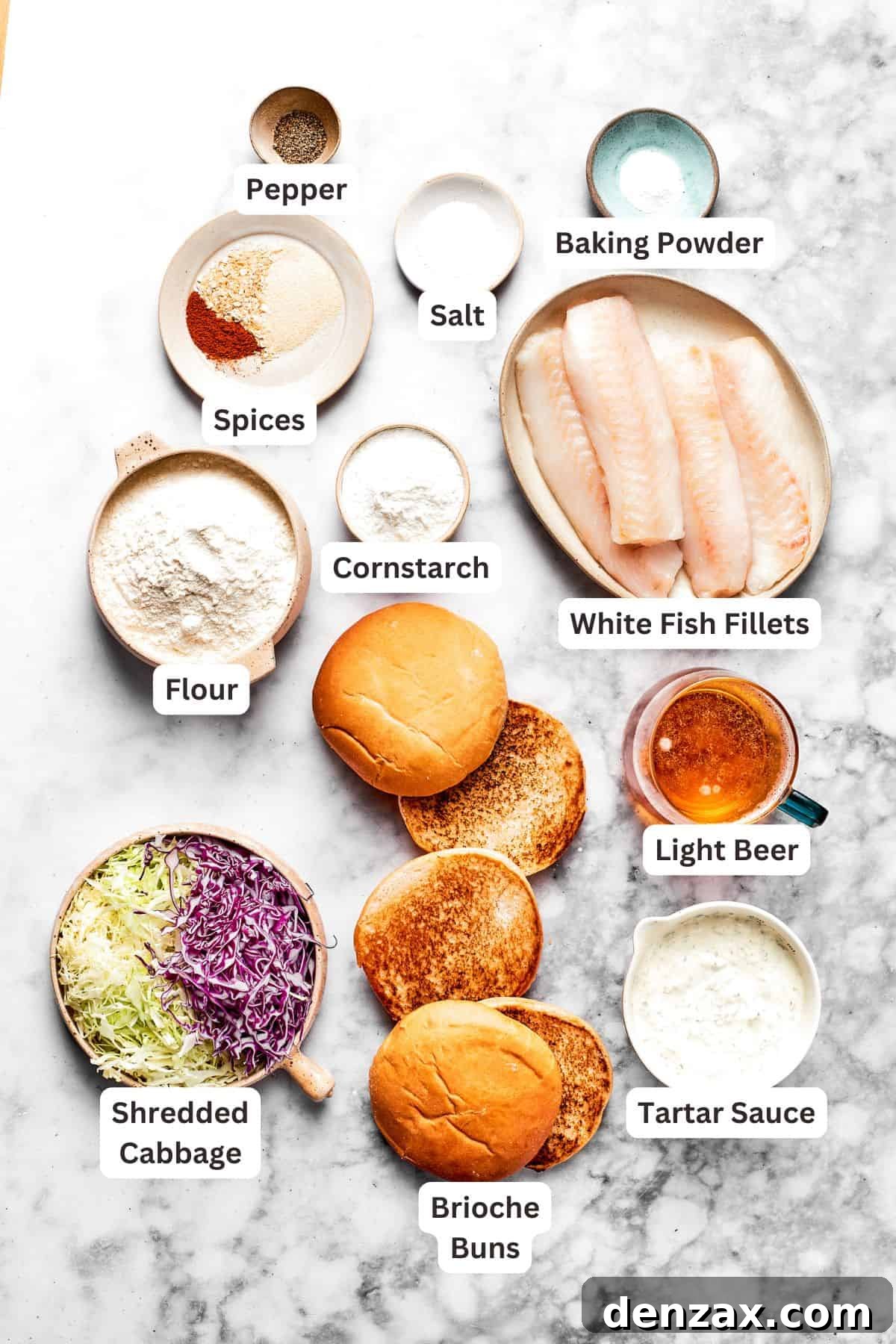 All the fresh and flavorful ingredients laid out and clearly labeled, ready to be transformed into a delicious fish sandwich.