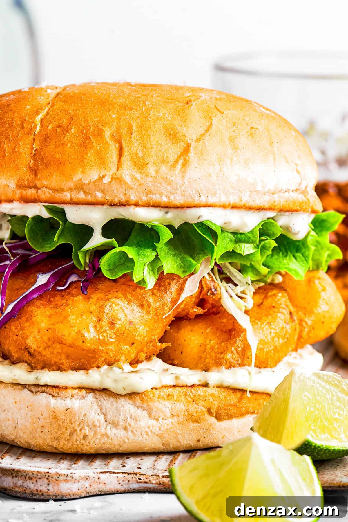A perfectly fried fish sandwich, garnished with fresh lime wedges, showcasing its crispy texture and appealing presentation.